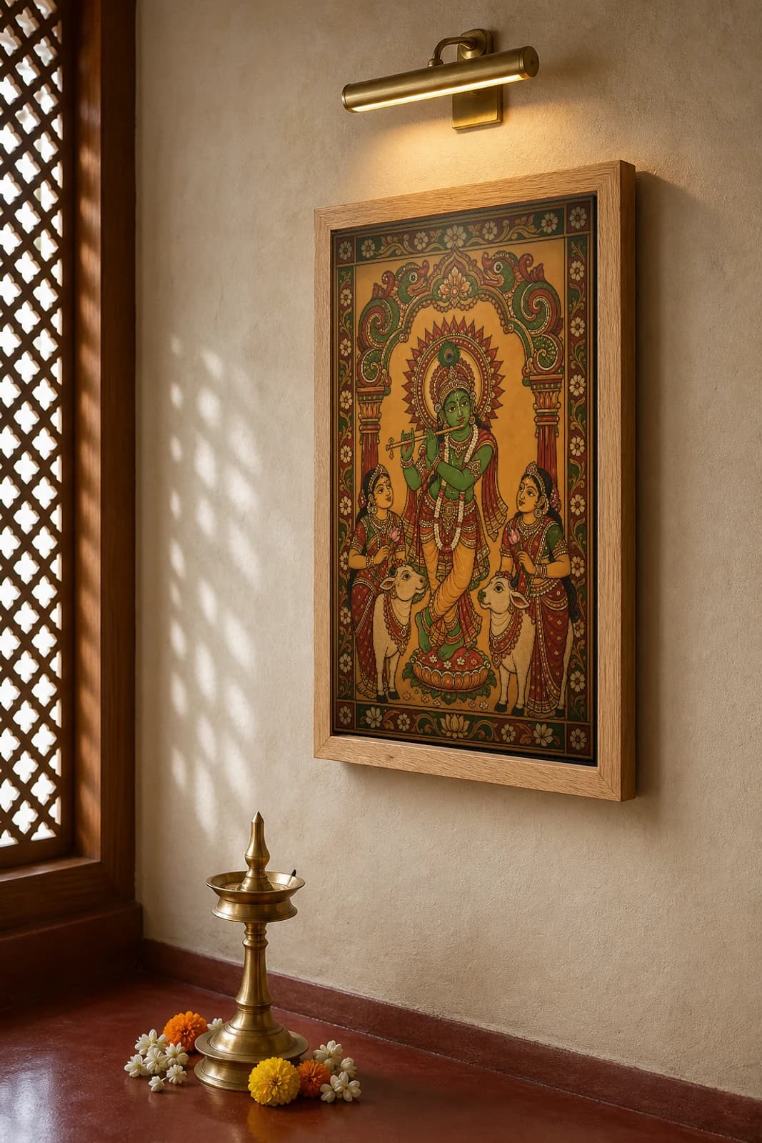 Krishna Venugopala Kerala Mural Art Print — flute-playing Krishna in tribhanga with gopis and cows, flat panchavarna bhitti-chitra style, collector edition of 500 — the framed print shown at a three-quarter angle on a styled gallery wall in a natural-oak frame