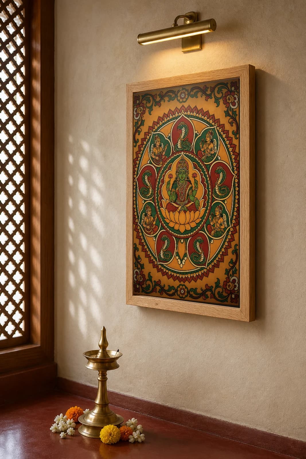 Padma Mandala Kerala Mural Art Print — lotus mandala with central deity, serpents and musicians, flat panchavarna bhitti-chitra style, collector edition of 500 — the framed print shown at a three-quarter angle on a styled gallery wall in a natural-oak frame