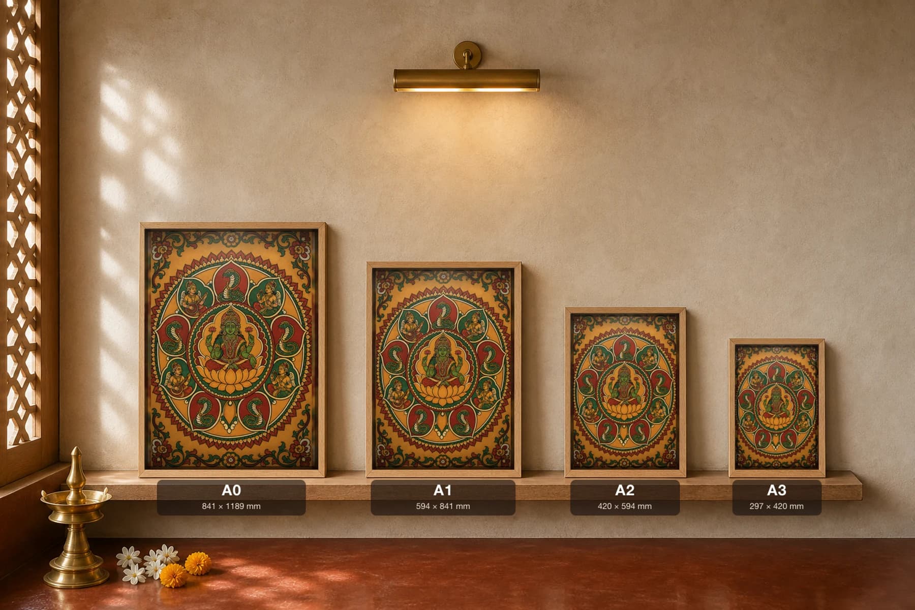 Padma Mandala Kerala Mural Art Print — lotus mandala with central deity, serpents and musicians, flat panchavarna bhitti-chitra style, collector edition of 500 — print size guide showing the artwork at A0, A1, A2 and A3 in natural-oak frames at true relative scale