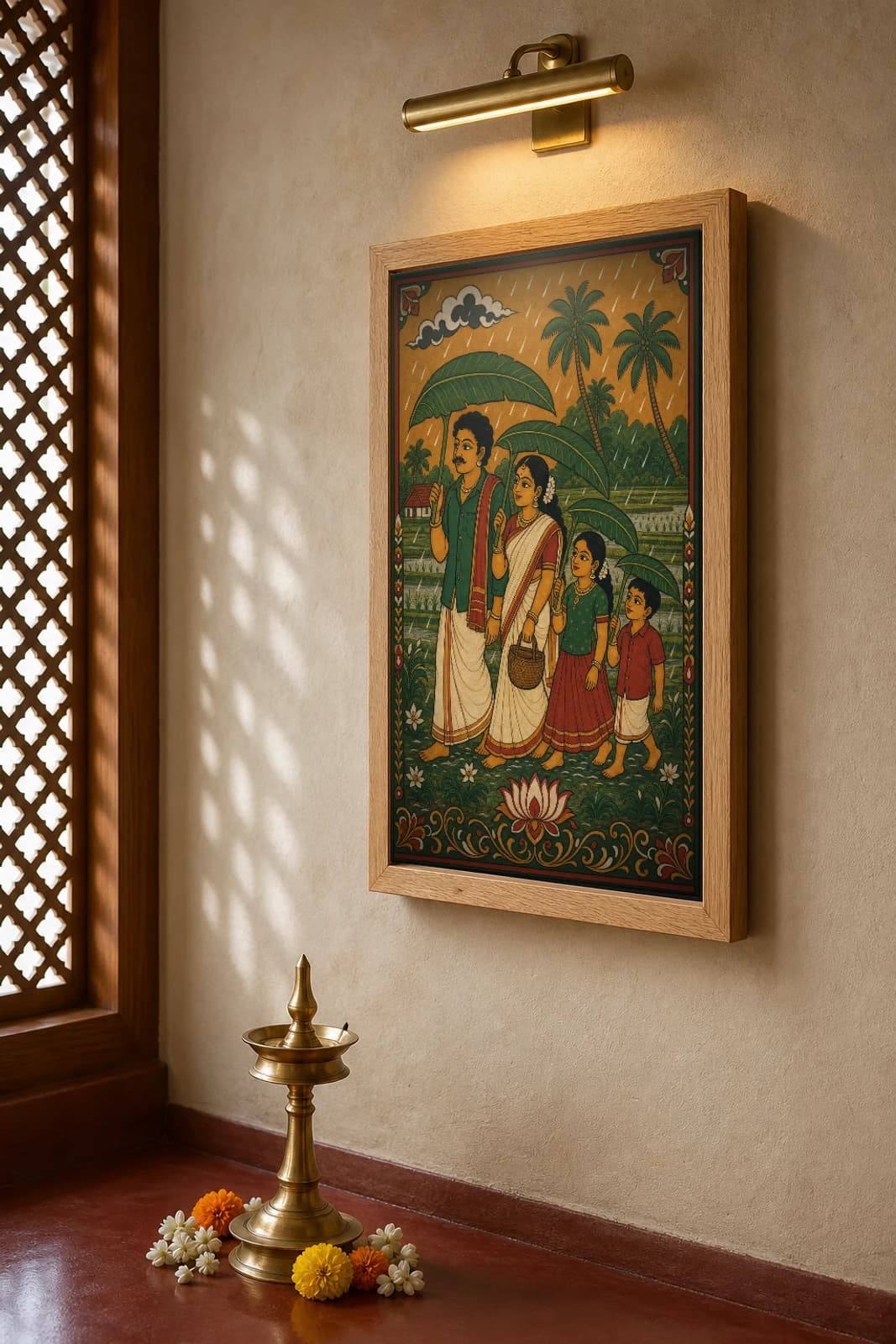 Kerala Monsoon Family Under Banana Leaves Kerala Mural Art Print — family in the rain through a paddy field in panchavarna bhitti-chitra style · collector edition A2 — the framed print shown at a three-quarter angle on a styled gallery wall in a natural-oak frame