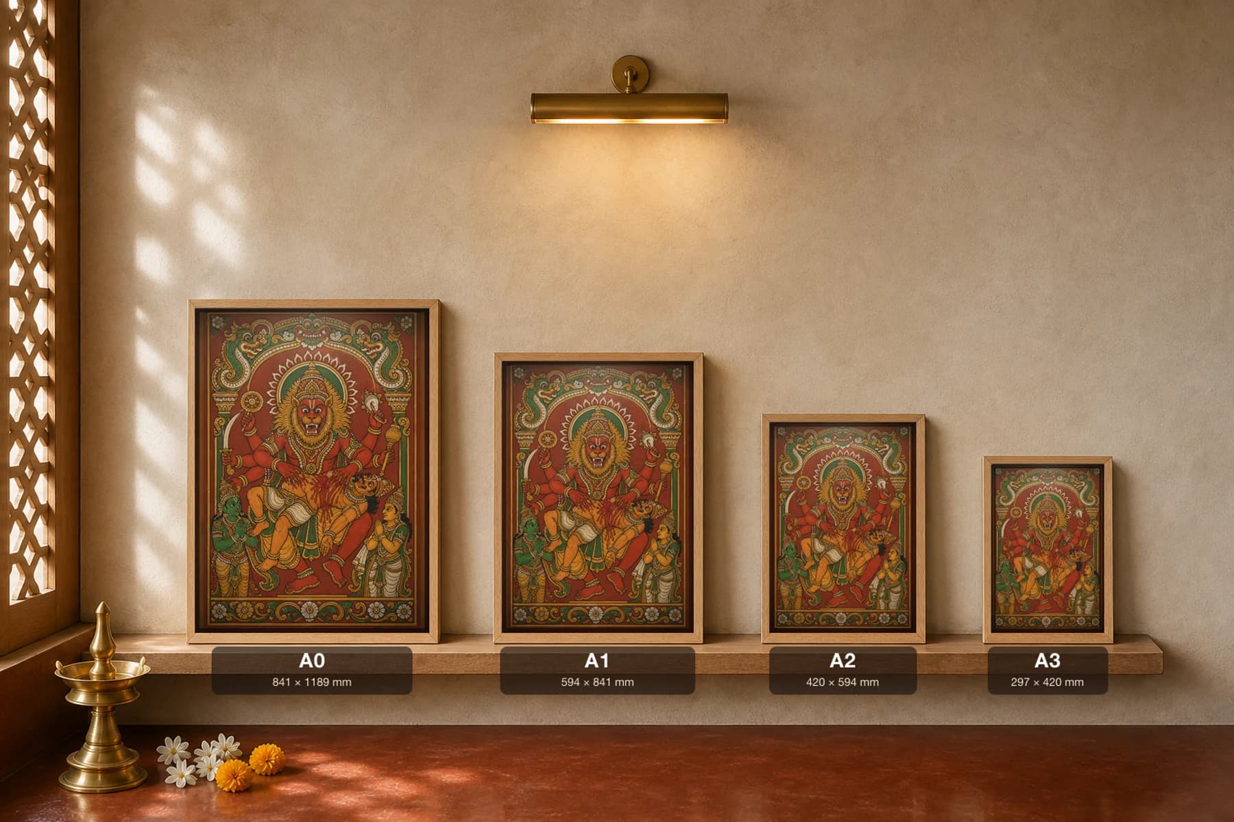 Narasimha Slaying Hiranyakashipu Kerala Mural Art Print — the lion-man avatar of Vishnu in panchavarna bhitti-chitra style · collector edition A2 — print size guide showing the artwork at A0, A1, A2 and A3 in natural-oak frames at true relative scale