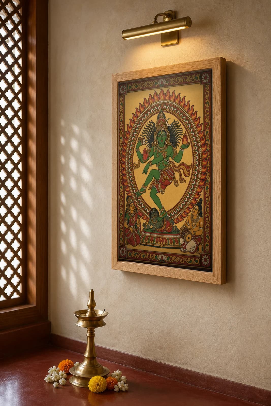 Nataraja Shiva's Cosmic Dance Kerala Mural Art Print — the dancing Shiva inside a flame ring in panchavarna bhitti-chitra style · collector edition A2 — the framed print shown at a three-quarter angle on a styled gallery wall in a natural-oak frame