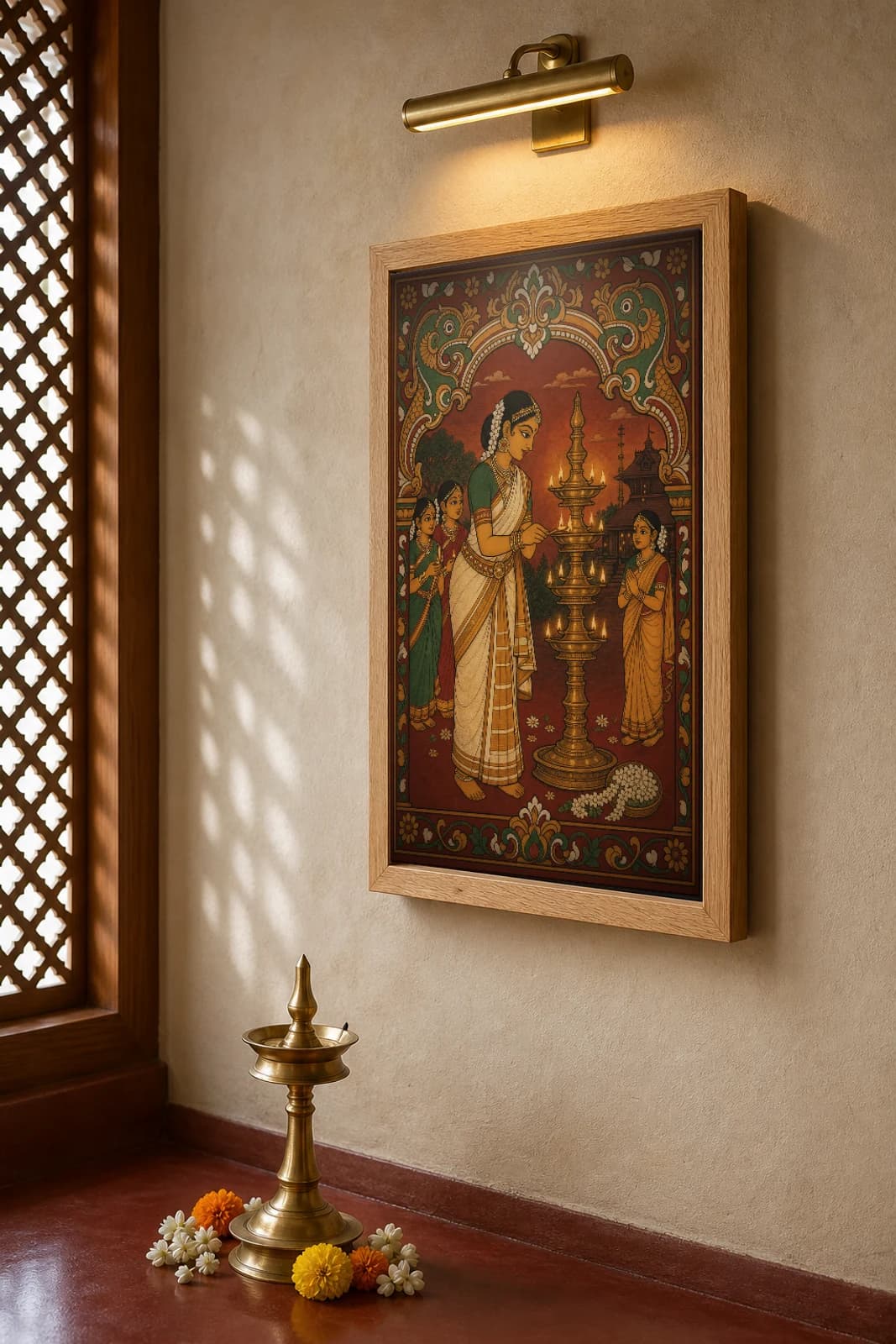 Lighting the Nilavilakku Kerala Mural Art Print — woman and girls lighting the tiered brass lamp at dusk in panchavarna bhitti-chitra style · collector edition A2 — the framed print shown at a three-quarter angle on a styled gallery wall in a natural-oak frame