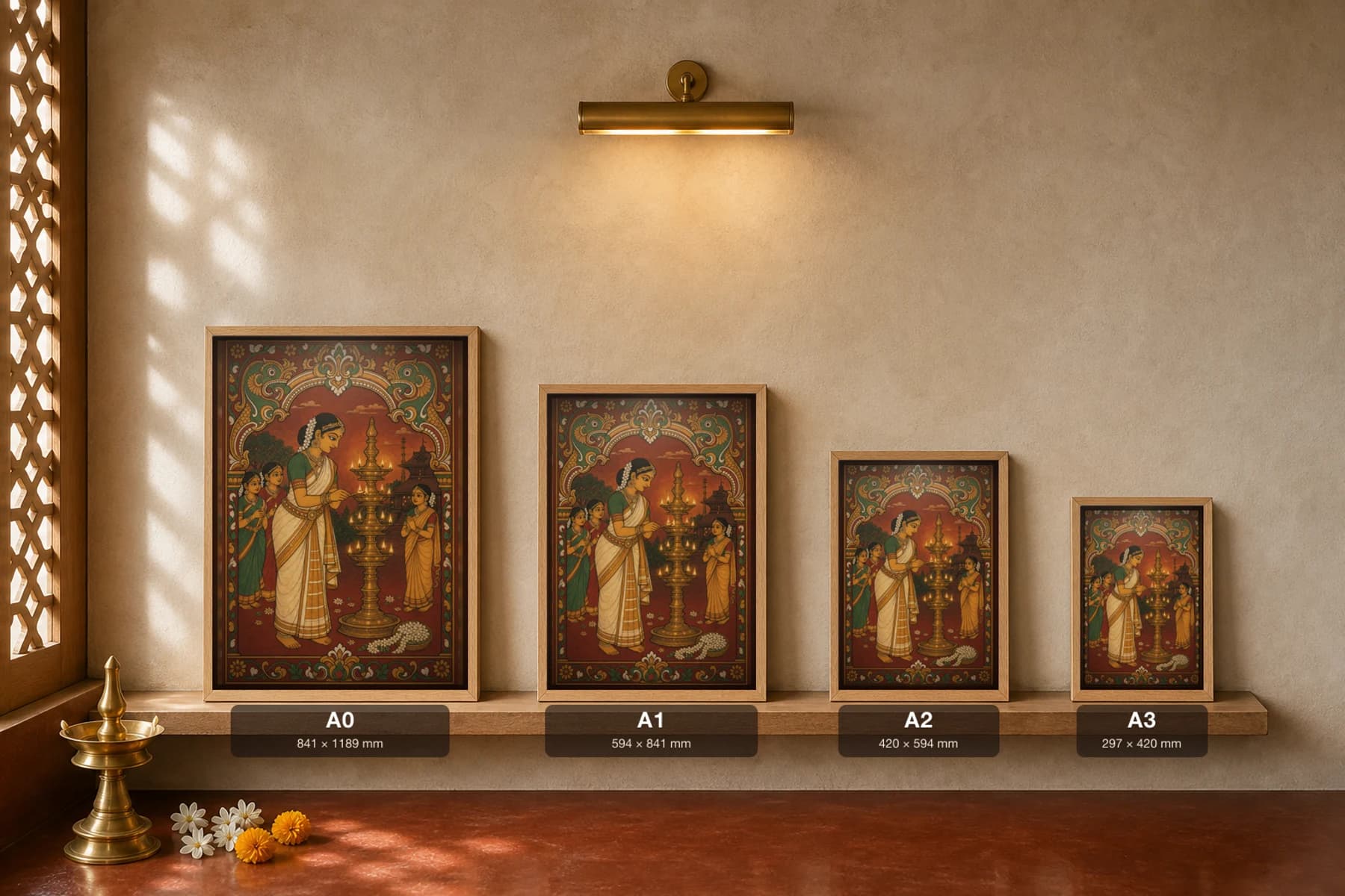 Lighting the Nilavilakku Kerala Mural Art Print — woman and girls lighting the tiered brass lamp at dusk in panchavarna bhitti-chitra style · collector edition A2 — print size guide showing the artwork at A0, A1, A2 and A3 in natural-oak frames at true relative scale