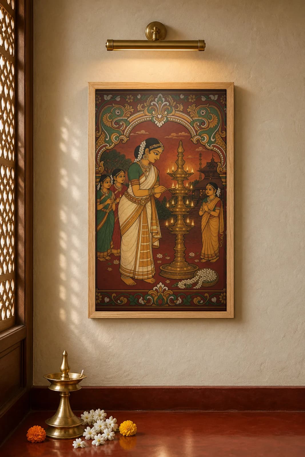 Nilavilakku — Lighting the Lamp — framed museum print, Kerala Mural