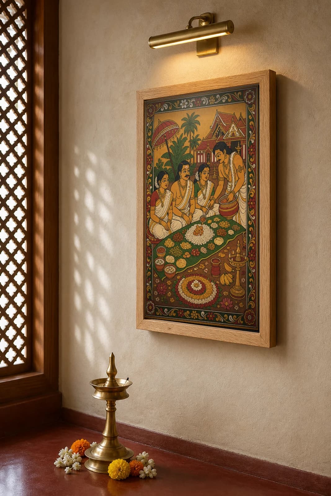 Onam Sadya Banana-Leaf Feast Kerala Mural Art Print — the Onam meal served on a banana leaf in panchavarna bhitti-chitra style · collector edition A2 — the framed print shown at a three-quarter angle on a styled gallery wall in a natural-oak frame