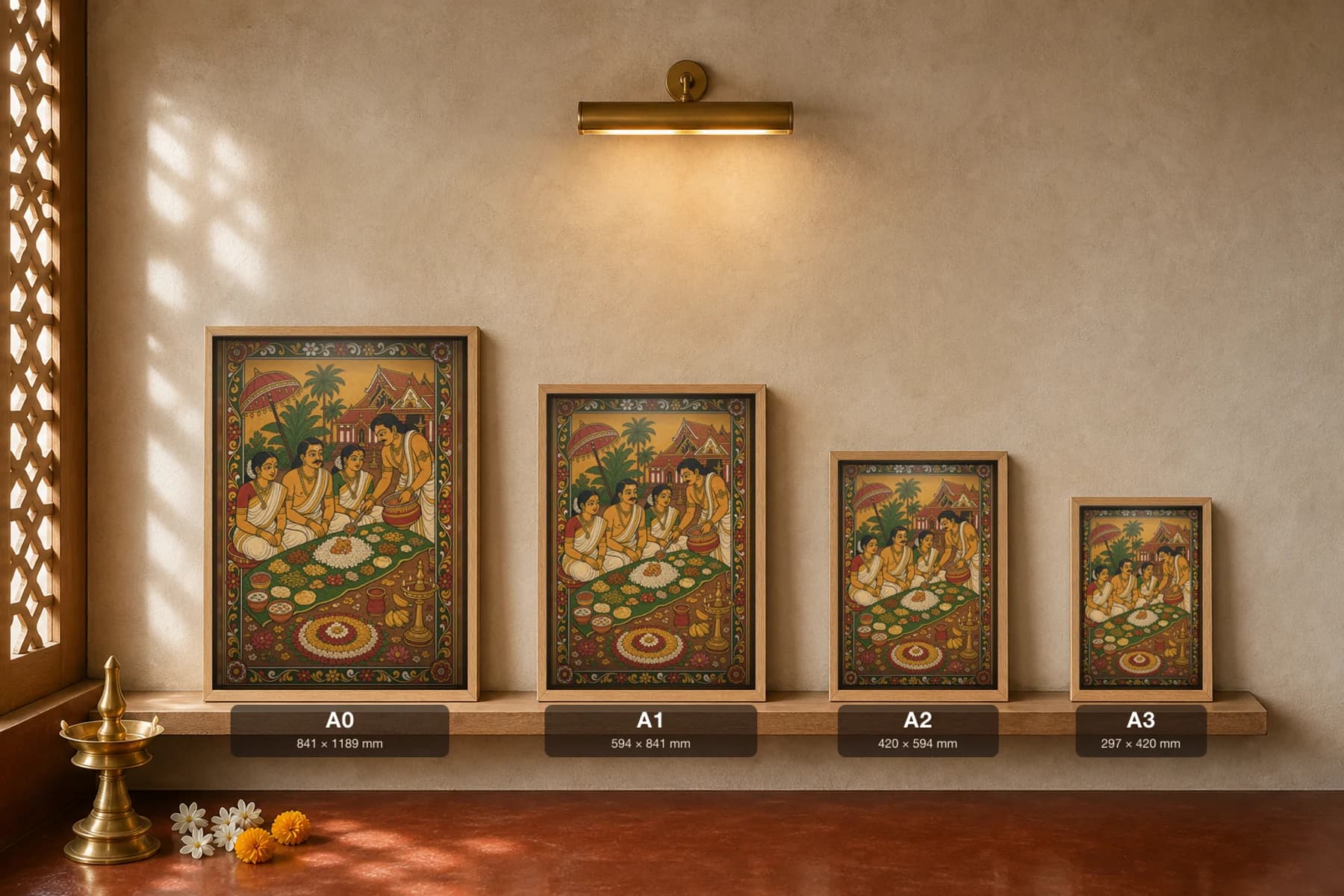 Onam Sadya Banana-Leaf Feast Kerala Mural Art Print — the Onam meal served on a banana leaf in panchavarna bhitti-chitra style · collector edition A2 — print size guide showing the artwork at A0, A1, A2 and A3 in natural-oak frames at true relative scale