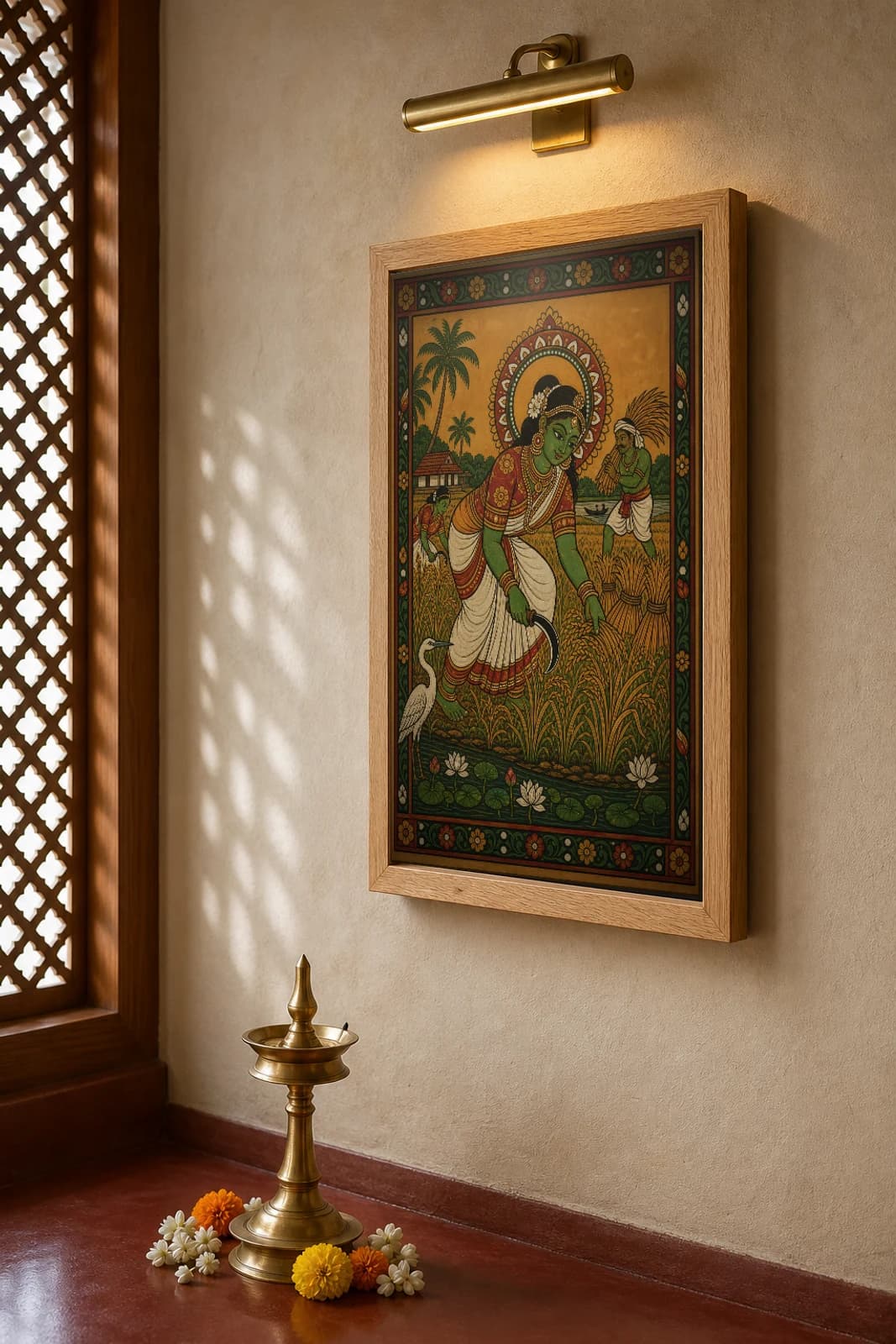 Kuttanad Paddy Harvest Kerala Mural Art Print — women reaping rice with sickles in the backwater fields in panchavarna bhitti-chitra style · collector edition A2 — the framed print shown at a three-quarter angle on a styled gallery wall in a natural-oak frame