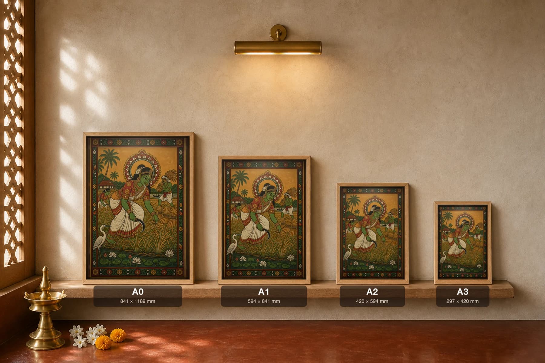 Kuttanad Paddy Harvest Kerala Mural Art Print — women reaping rice with sickles in the backwater fields in panchavarna bhitti-chitra style · collector edition A2 — print size guide showing the artwork at A0, A1, A2 and A3 in natural-oak frames at true relative scale