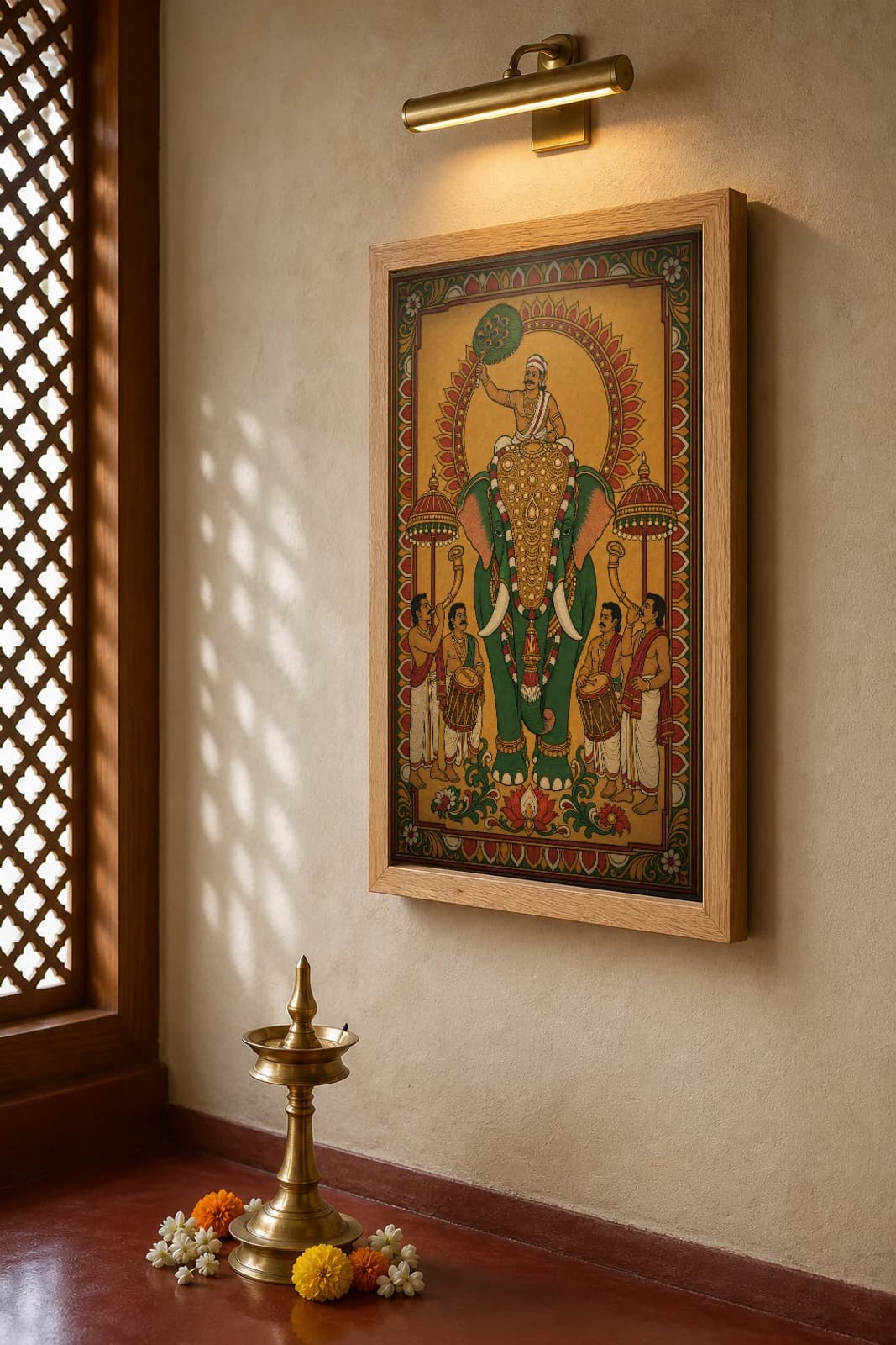 Caparisoned Pooram Elephant Kerala Mural Art Print — a temple festival tusker in nettipattam gold with parasols and drummers in panchavarna bhitti-chitra style · collector edition A2 — the framed print shown at a three-quarter angle on a styled gallery wall in a natural-oak frame