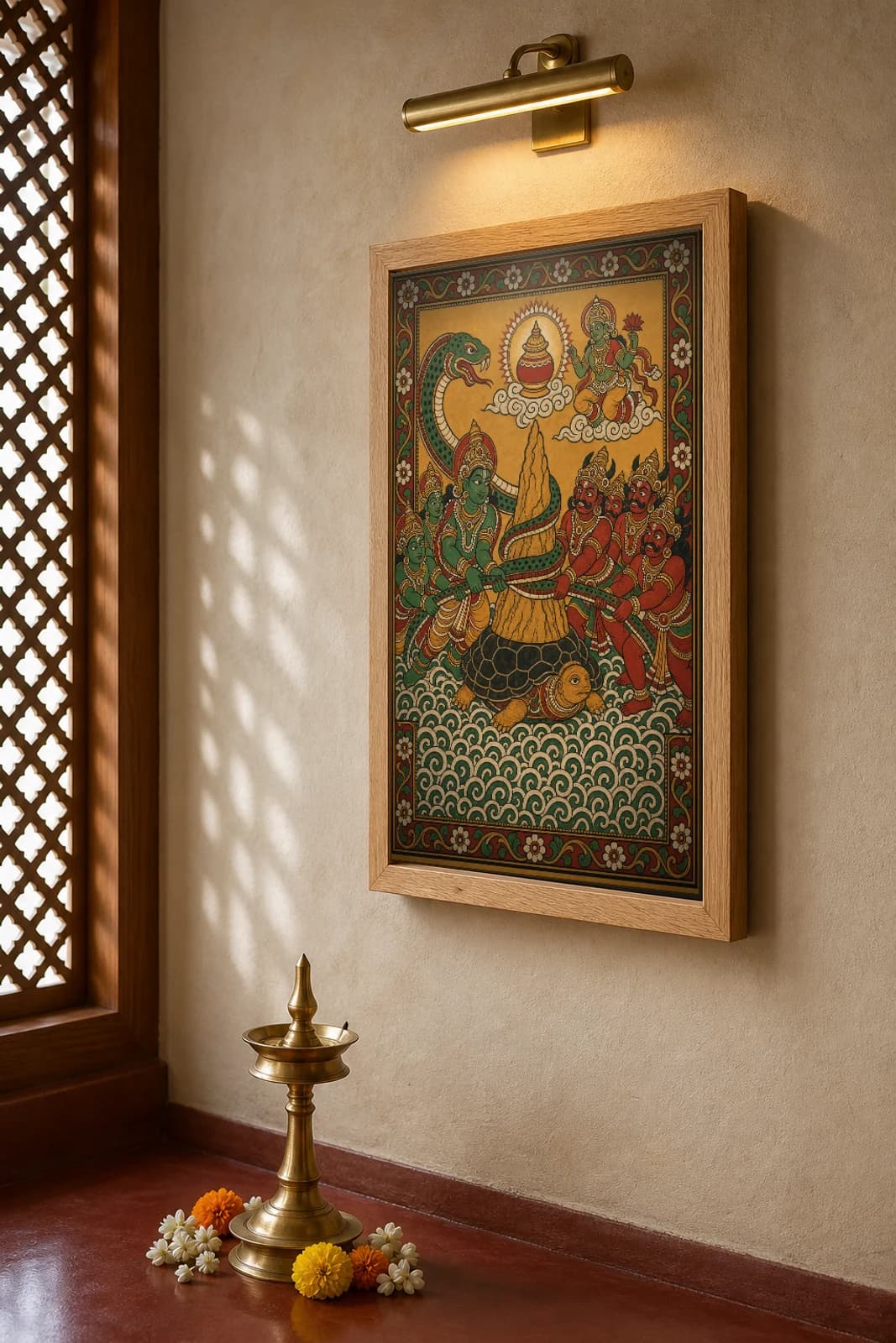Samudra Manthana Churning of the Ocean Kerala Mural Art Print — devas and asuras churning with Mount Mandara and Vasuki in panchavarna bhitti-chitra style · collector edition A2 — the framed print shown at a three-quarter angle on a styled gallery wall in a natural-oak frame