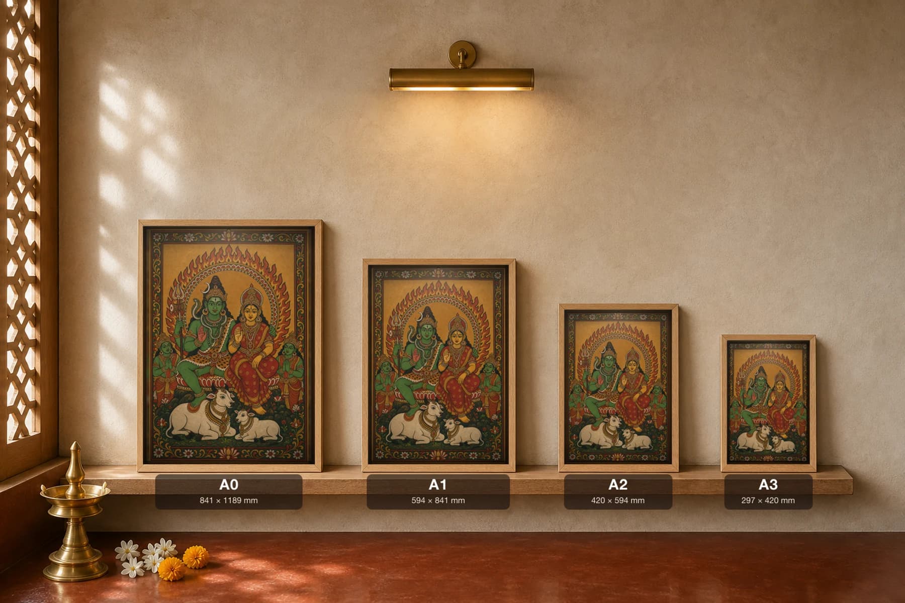 Shiva and Parvati Kerala Mural Art Print — Uma Maheshwara enthroned with Nandi and the calf in panchavarna bhitti-chitra style · collector edition A2 — print size guide showing the artwork at A0, A1, A2 and A3 in natural-oak frames at true relative scale