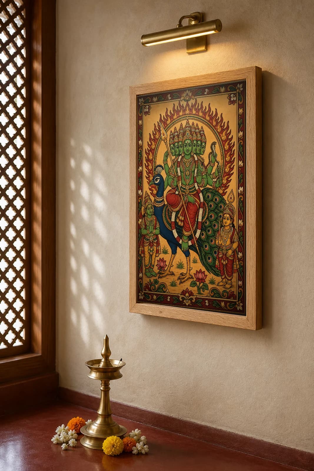 Subramanya on the Peacock Kerala Mural Art Print — six-headed Murugan with the vel and his two consorts in panchavarna bhitti-chitra style · collector edition A2 — the framed print shown at a three-quarter angle on a styled gallery wall in a natural-oak frame