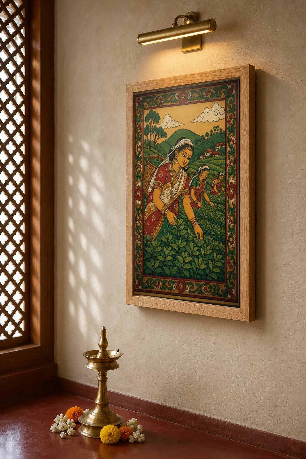 Munnar Tea Pickers Kerala Mural Art Print — women plucking two leaves and a bud in the hill estates in panchavarna bhitti-chitra style · collector edition A2 — the framed print shown at a three-quarter angle on a styled gallery wall in a natural-oak frame