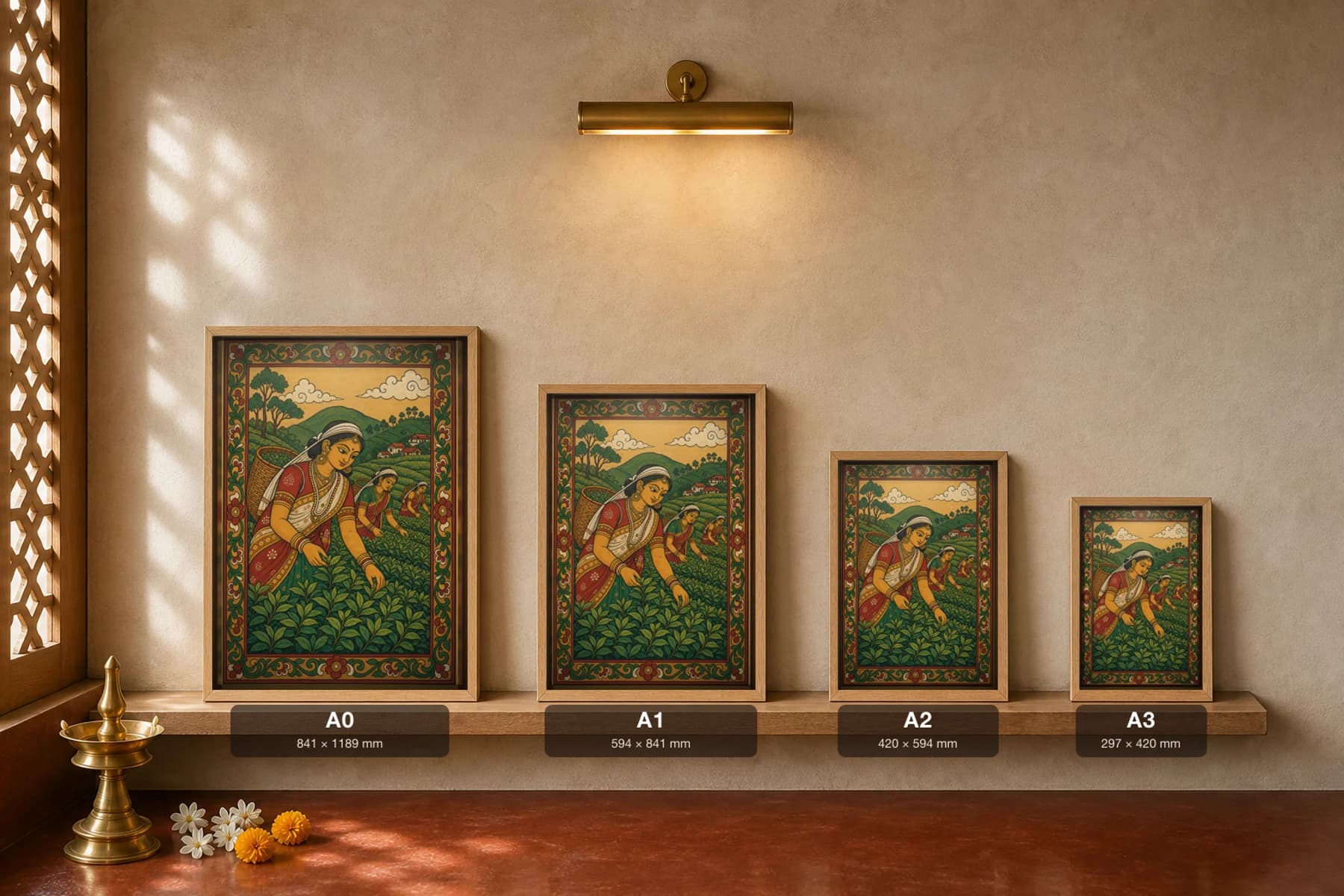 Munnar Tea Pickers Kerala Mural Art Print — women plucking two leaves and a bud in the hill estates in panchavarna bhitti-chitra style · collector edition A2 — print size guide showing the artwork at A0, A1, A2 and A3 in natural-oak frames at true relative scale