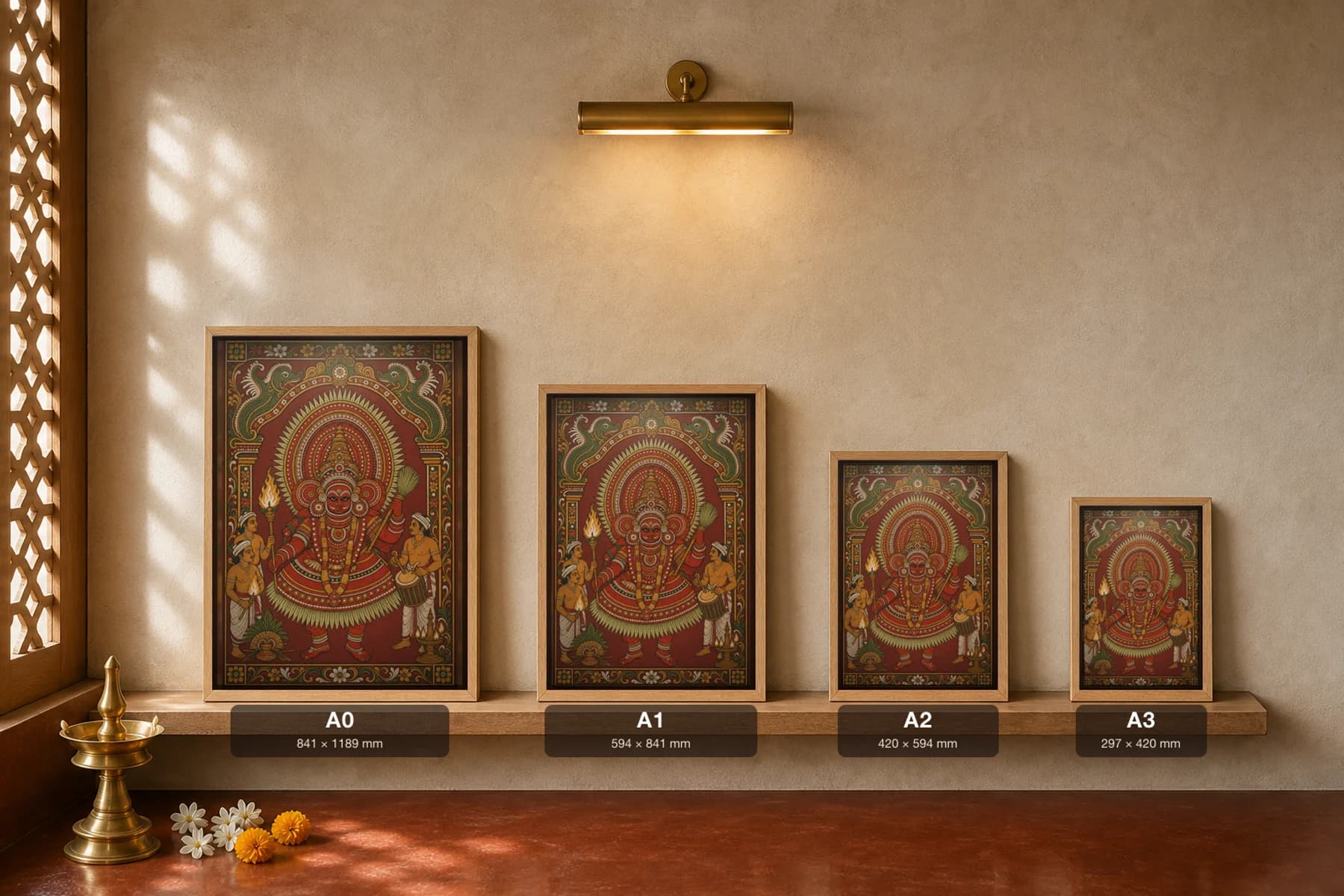 Theyyam Dancer Kerala Mural Art Print — the deified ritual performer in towering mudi headdress and red costume in panchavarna bhitti-chitra style · collector edition A2 — print size guide showing the artwork at A0, A1, A2 and A3 in natural-oak frames at true relative scale