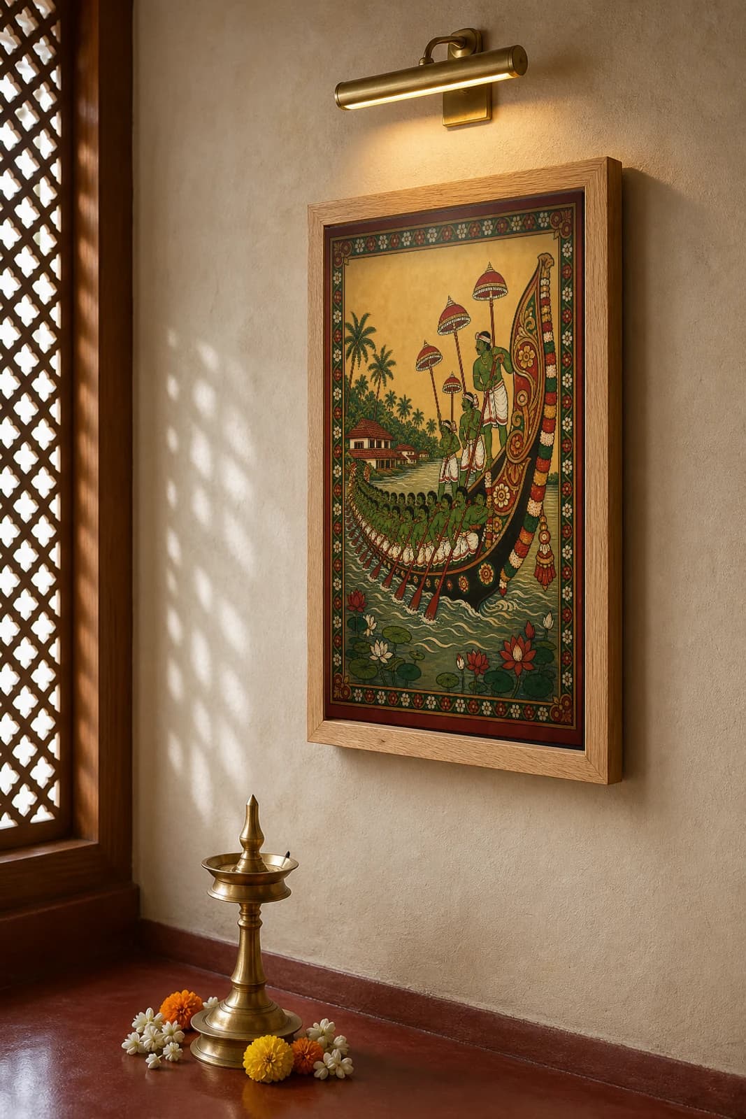 Vallam Kali Snake-Boat Race Kerala Mural Art Print — a chundan vallam crew rowing the backwaters in panchavarna bhitti-chitra style · collector edition A2 — the framed print shown at a three-quarter angle on a styled gallery wall in a natural-oak frame