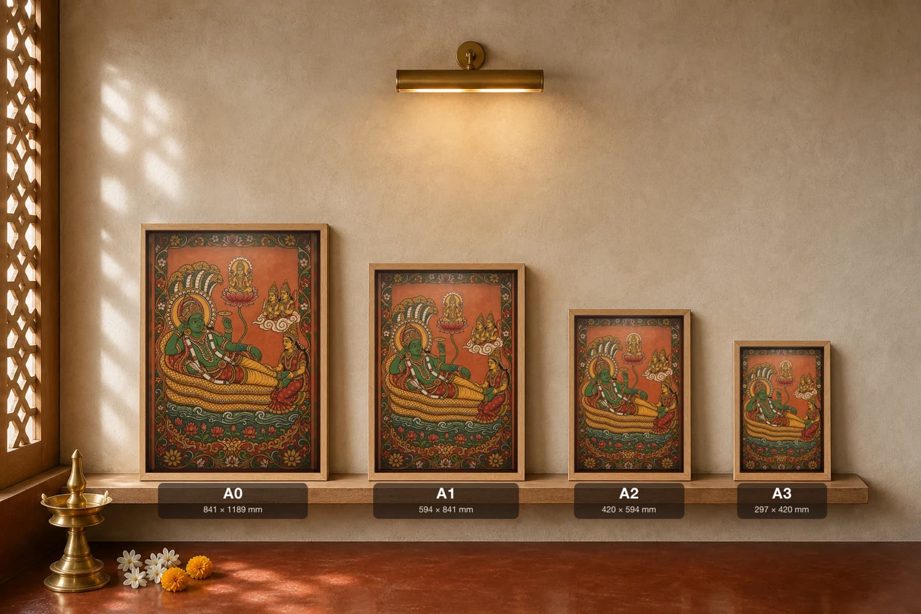 Vishnu Anantashayana Kerala Mural Art Print — the reclining Vishnu on the serpent Ananta with Lakshmi and Brahma in panchavarna bhitti-chitra style · collector edition A2 — print size guide showing the artwork at A0, A1, A2 and A3 in natural-oak frames at true relative scale