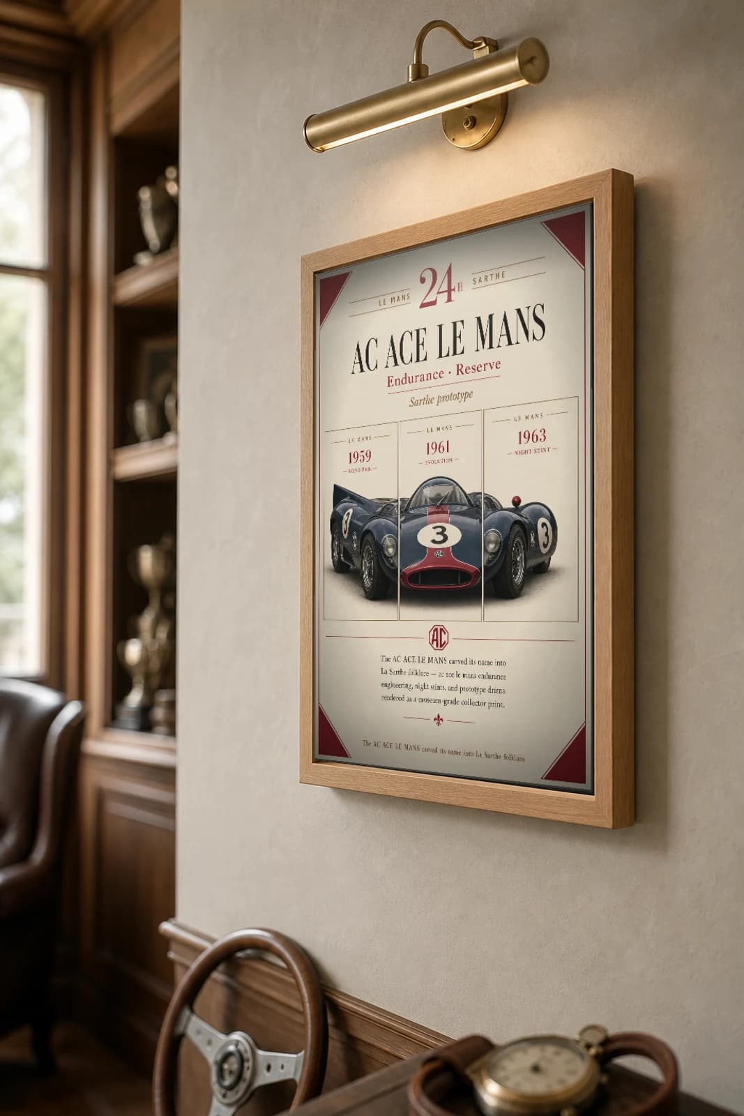 AC Ace Le Mans Poster — 1959 24 Hours of Le Mans Endurance Racing Wall Art · framed A2 — the framed print shown at a three-quarter angle on a styled gallery wall in a natural-oak frame