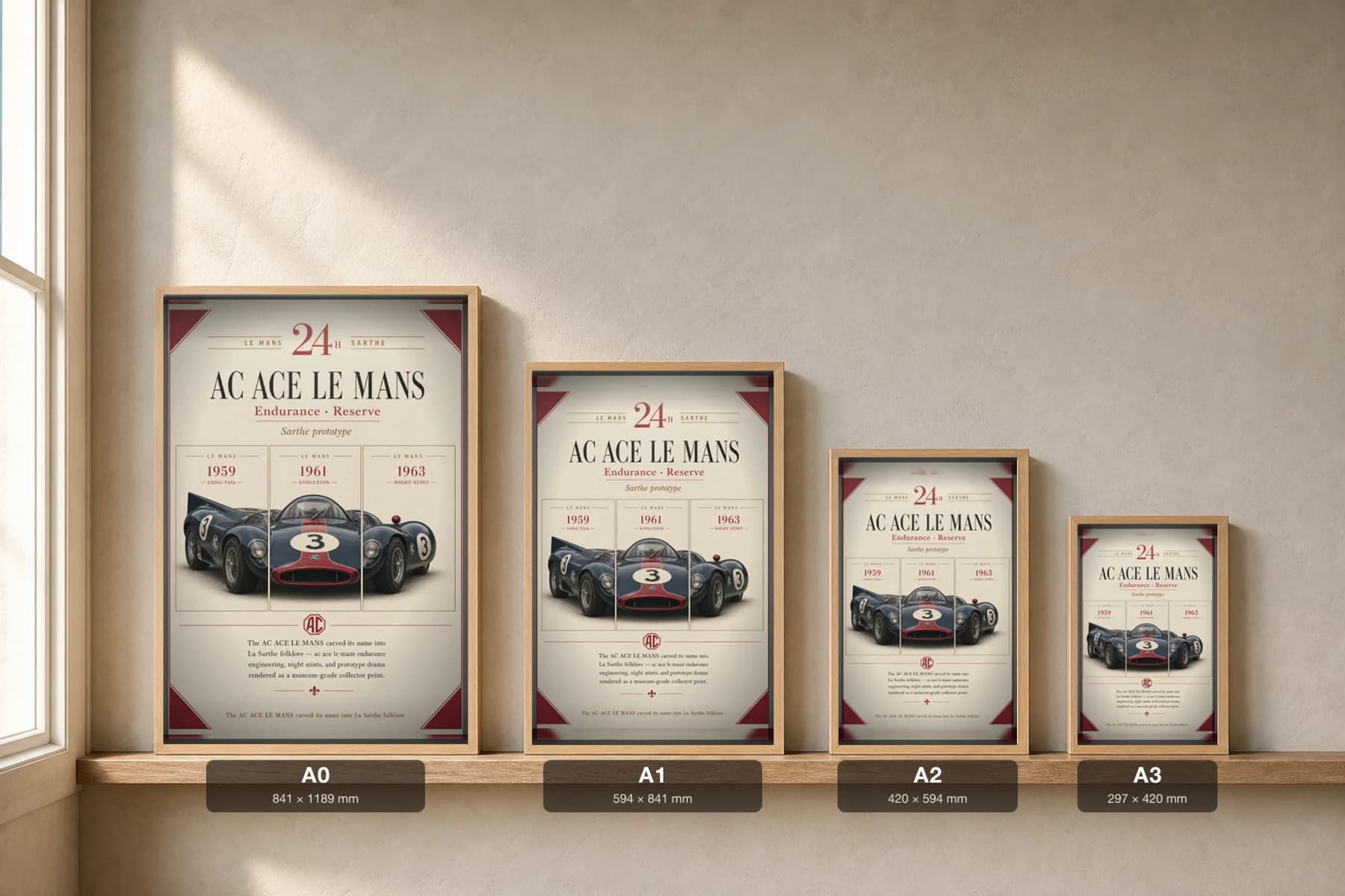 AC Ace Le Mans Poster — 1959 24 Hours of Le Mans Endurance Racing Wall Art · framed A2 — print size guide showing the artwork at A0, A1, A2 and A3 in natural-oak frames at true relative scale