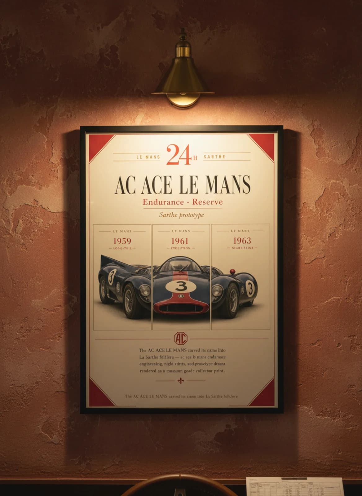 AC Ace Le Mans Le Mans endurance print in black A2 frame on warm-cream-parchment oxblood wall — Le Mans mockup