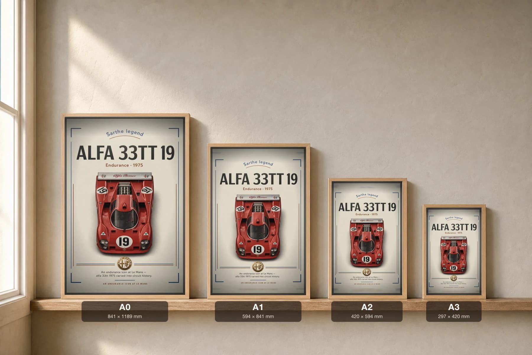 Alfa Romeo 33 TT 12 Poster — 1975 24 Hours of Le Mans Endurance Racing Wall Art · framed A2 — print size guide showing the artwork at A0, A1, A2 and A3 in natural-oak frames at true relative scale