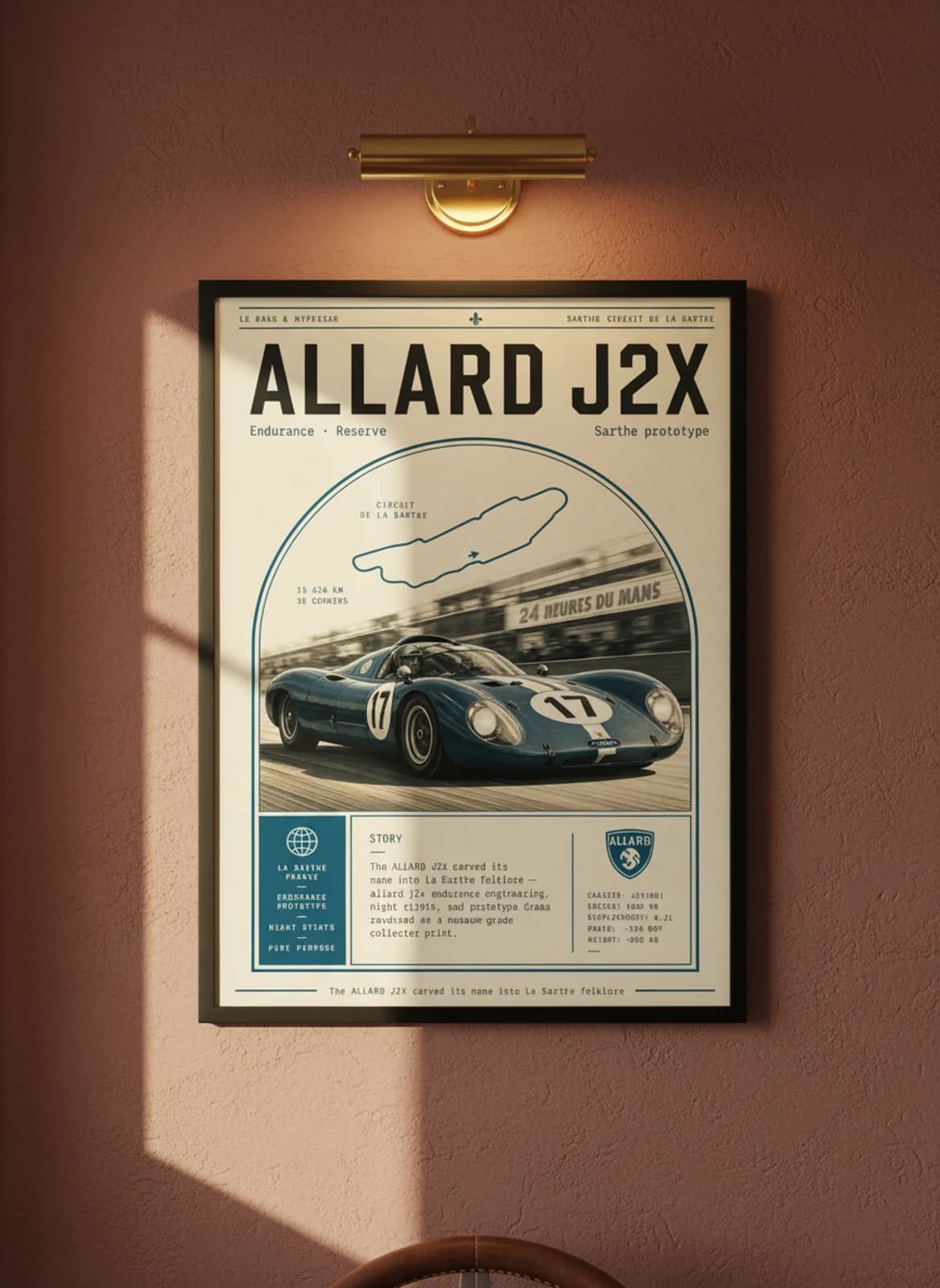 Allard J2X Le Mans endurance print in black A2 frame on warm-cream-parchment oxblood wall — Le Mans mockup