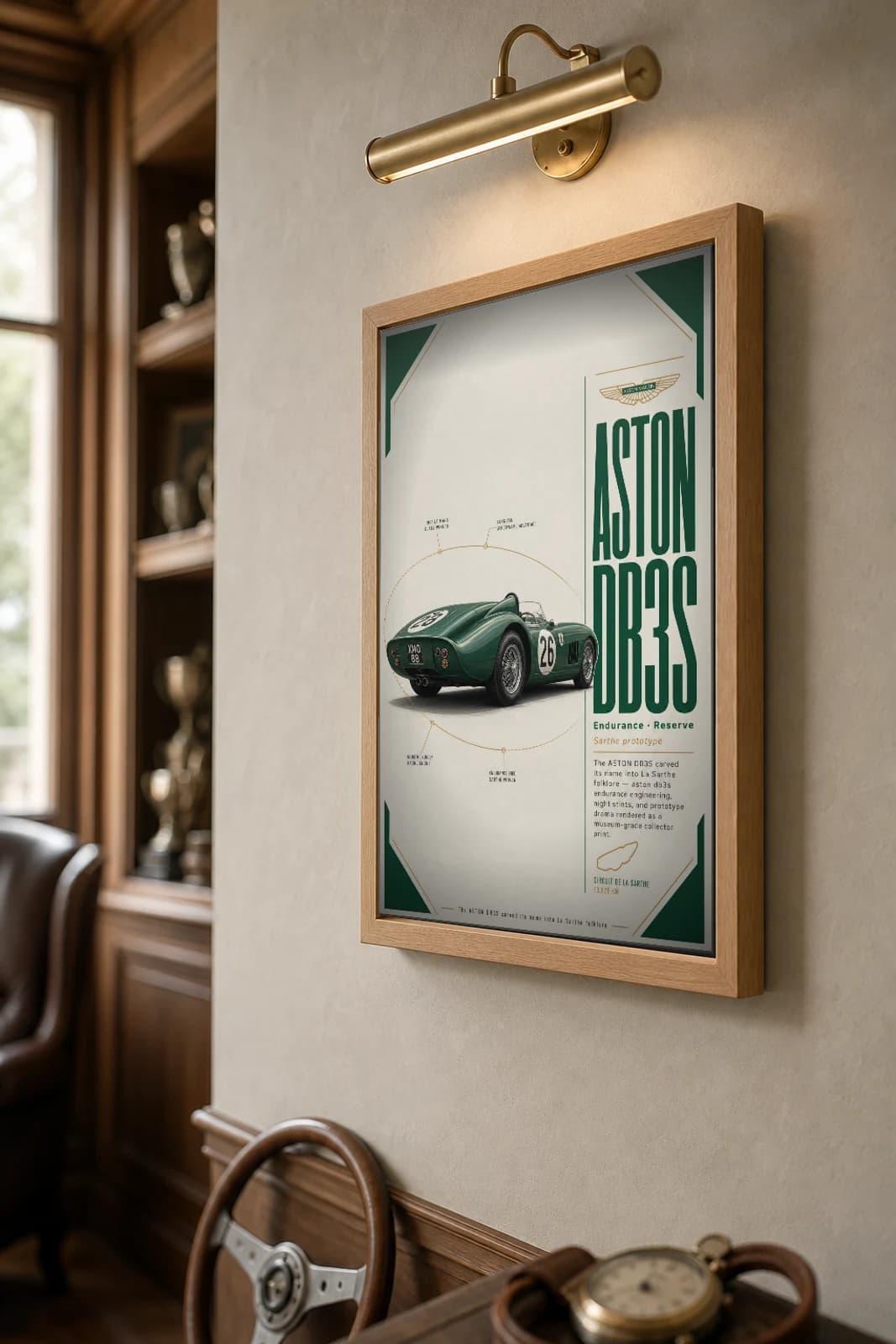 Aston Martin DB3S Poster — 1953 24 Hours of Le Mans Endurance Racing Wall Art · framed A2 — the framed print shown at a three-quarter angle on a styled gallery wall in a natural-oak frame