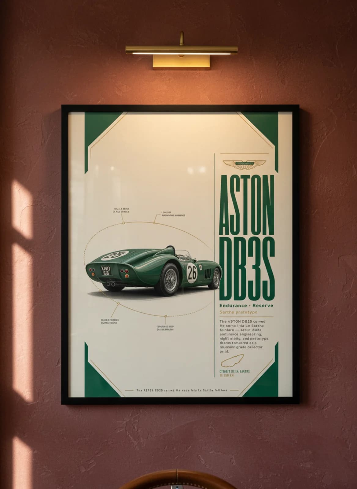 Aston Martin DB3S Le Mans endurance print in black A2 frame on warm-cream-parchment oxblood wall — Le Mans mockup