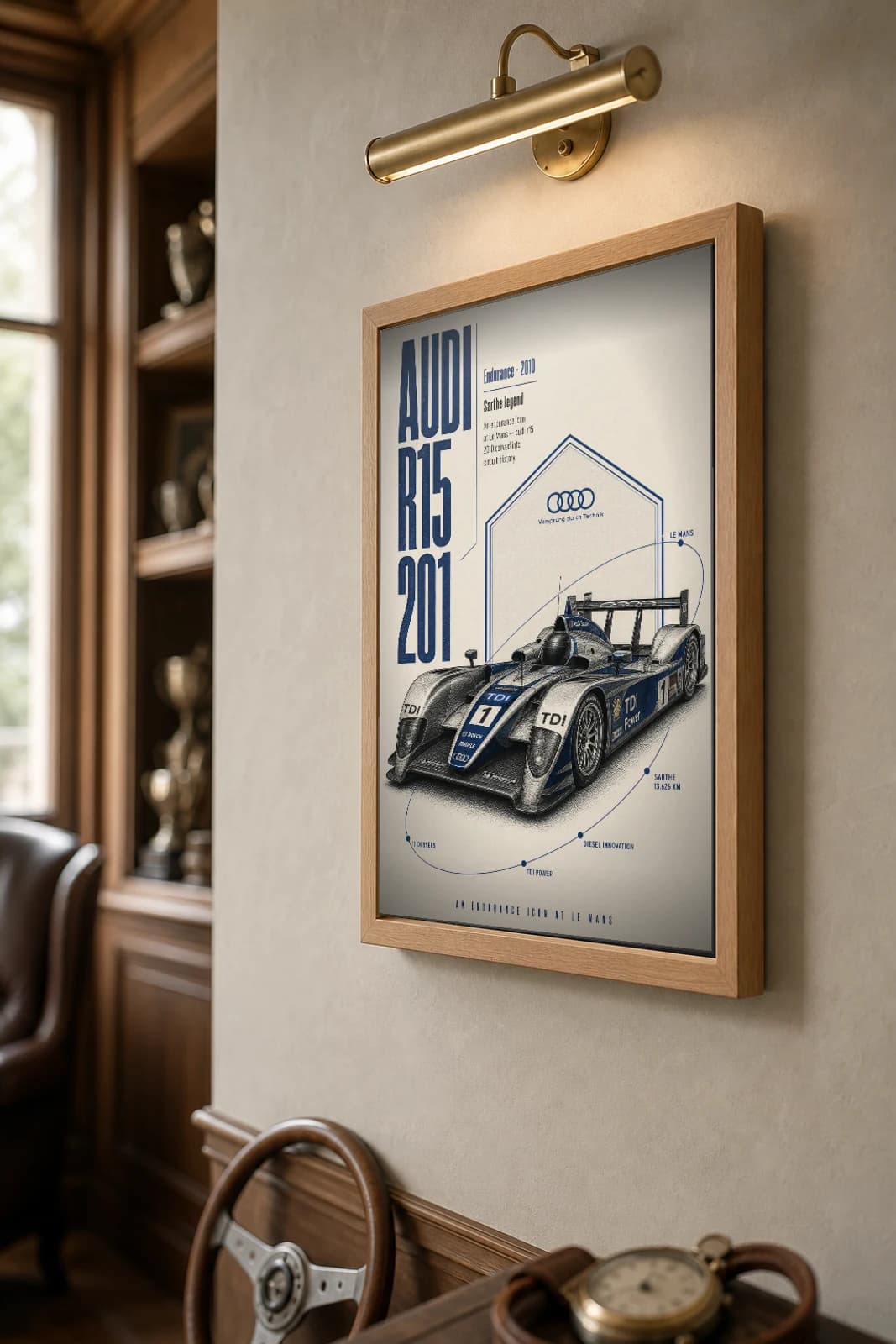 Audi R15 TDI plus Poster — 2010 24 Hours of Le Mans Endurance Racing Wall Art · framed A2 — the framed print shown at a three-quarter angle on a styled gallery wall in a natural-oak frame