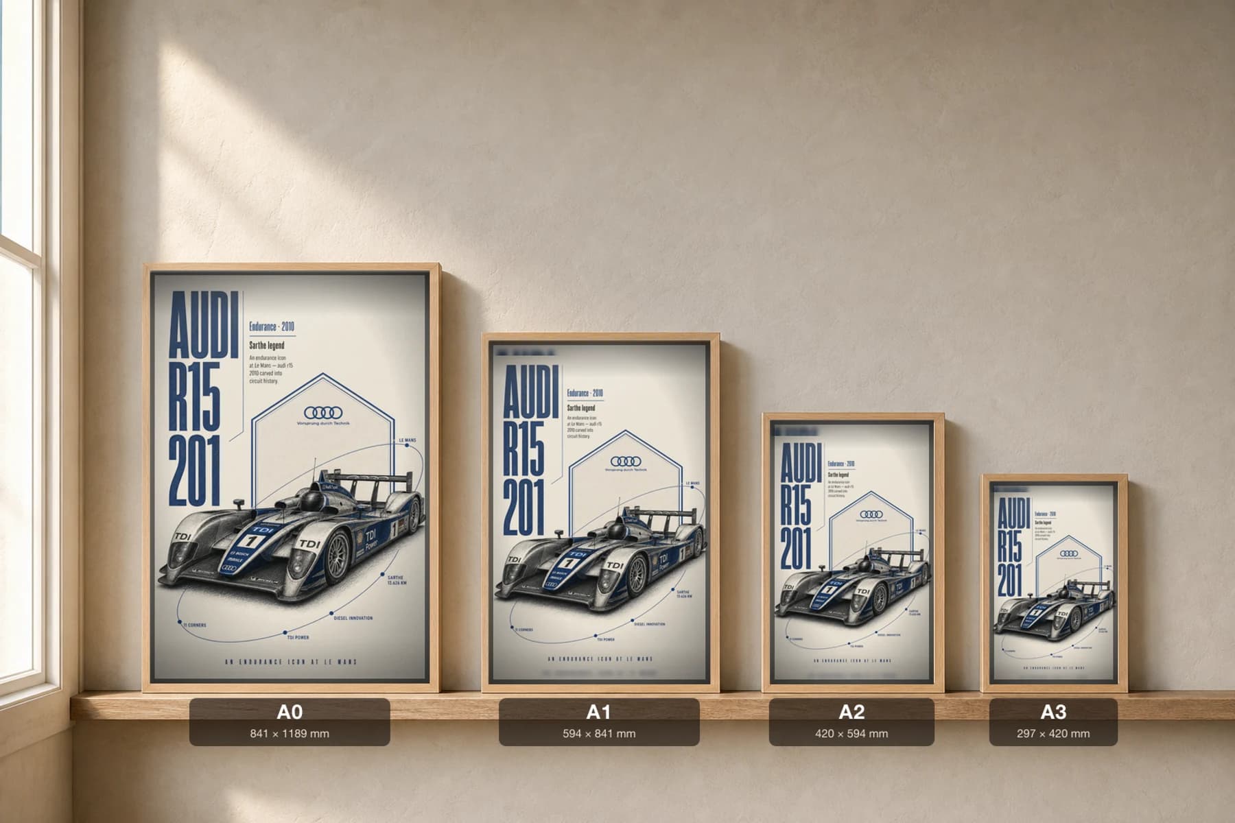 Audi R15 TDI plus Poster — 2010 24 Hours of Le Mans Endurance Racing Wall Art · framed A2 — print size guide showing the artwork at A0, A1, A2 and A3 in natural-oak frames at true relative scale