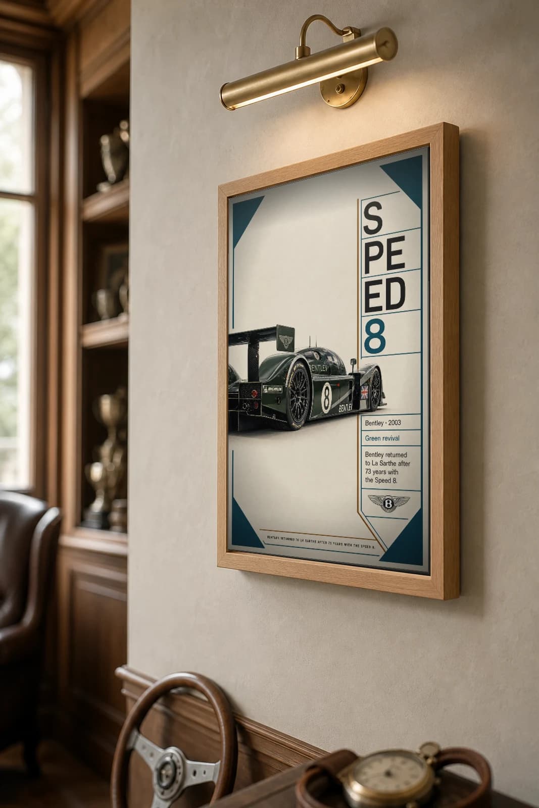 Bentley Speed 8 Poster — 2003 24 Hours of Le Mans Endurance Racing Wall Art · framed A2 — the framed print shown at a three-quarter angle on a styled gallery wall in a natural-oak frame