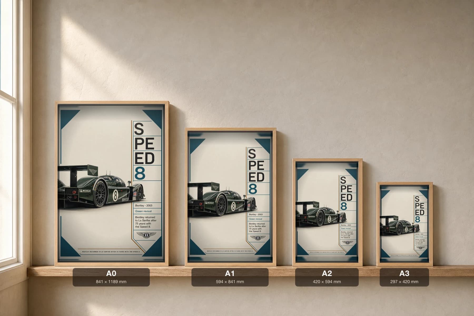Bentley Speed 8 Poster — 2003 24 Hours of Le Mans Endurance Racing Wall Art · framed A2 — print size guide showing the artwork at A0, A1, A2 and A3 in natural-oak frames at true relative scale