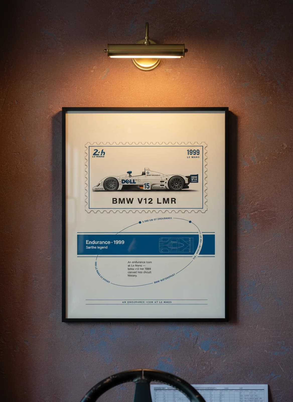 BMW V12 LMR Le Mans endurance print in black A2 frame on warm-parchment-paper oxblood wall — Le Mans mockup