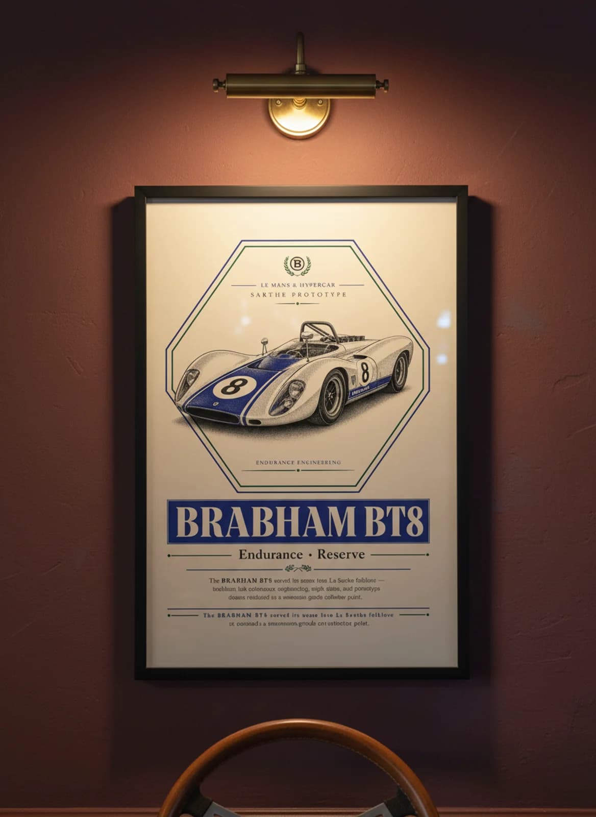 Brabham BT8 Le Mans endurance print in black A2 frame on warm-cream-parchment oxblood wall — Le Mans mockup
