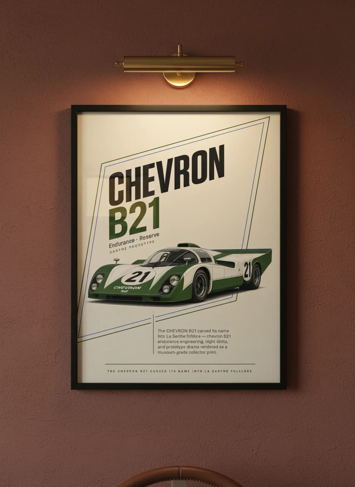 Chevron B21 Le Mans endurance print in black A2 frame on warm-cream-parchment oxblood wall — Le Mans mockup