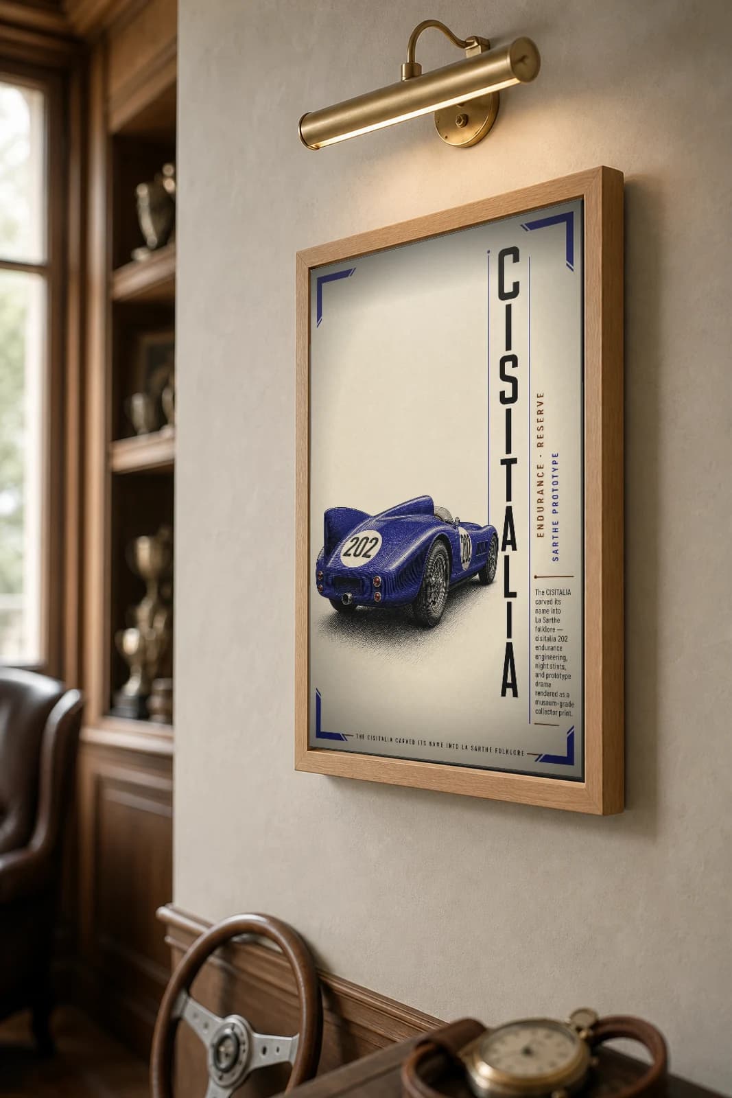 Cisitalia 202 Poster — 1949 24 Hours of Le Mans Endurance Racing Wall Art · framed A2 — the framed print shown at a three-quarter angle on a styled gallery wall in a natural-oak frame