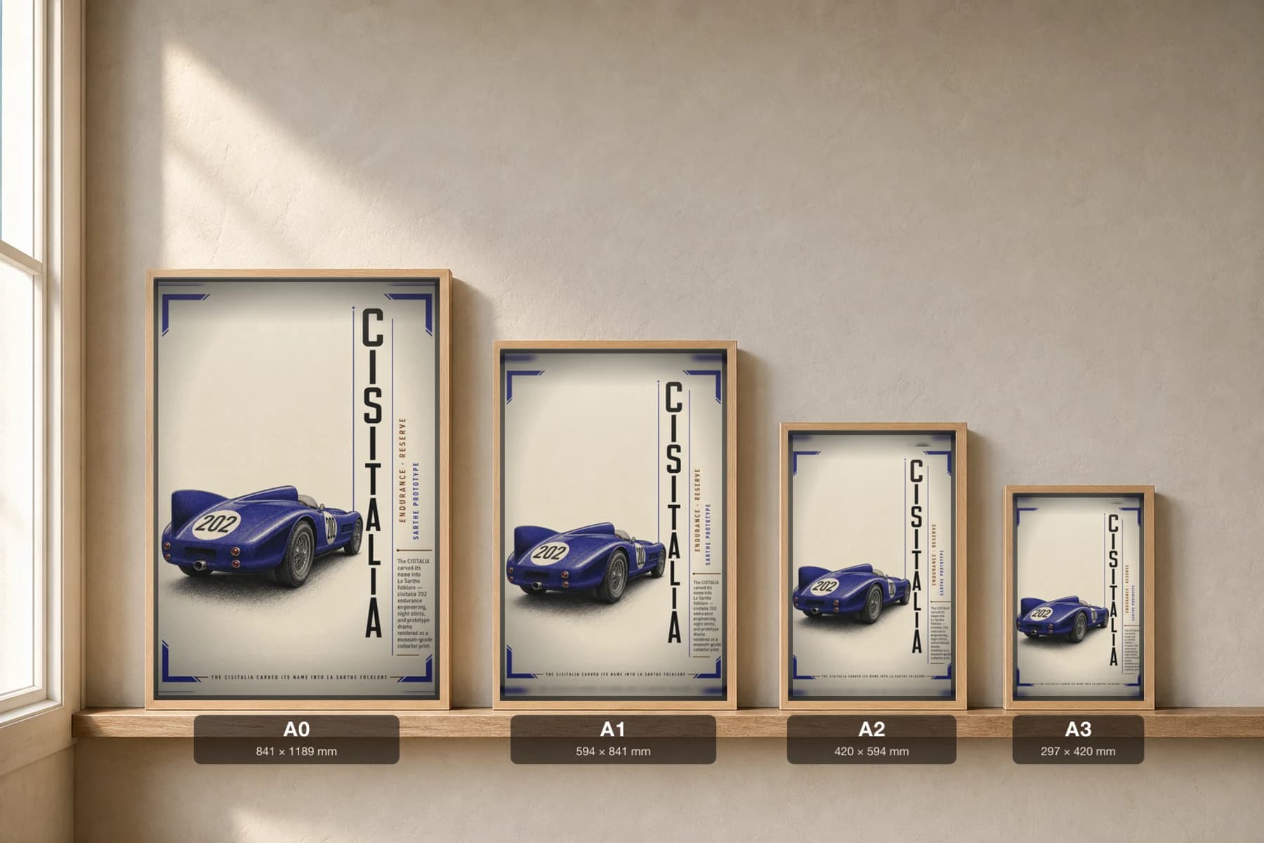 Cisitalia 202 Poster — 1949 24 Hours of Le Mans Endurance Racing Wall Art · framed A2 — print size guide showing the artwork at A0, A1, A2 and A3 in natural-oak frames at true relative scale