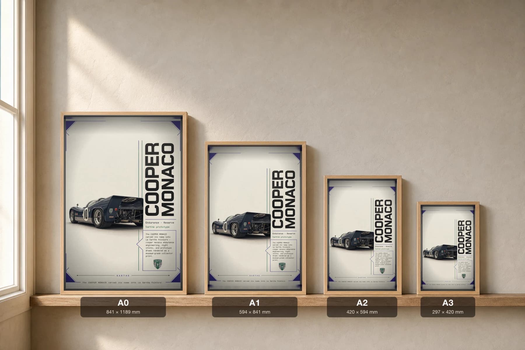 Cooper Monaco Poster — 1960 24 Hours of Le Mans Endurance Racing Wall Art · framed A2 — print size guide showing the artwork at A0, A1, A2 and A3 in natural-oak frames at true relative scale