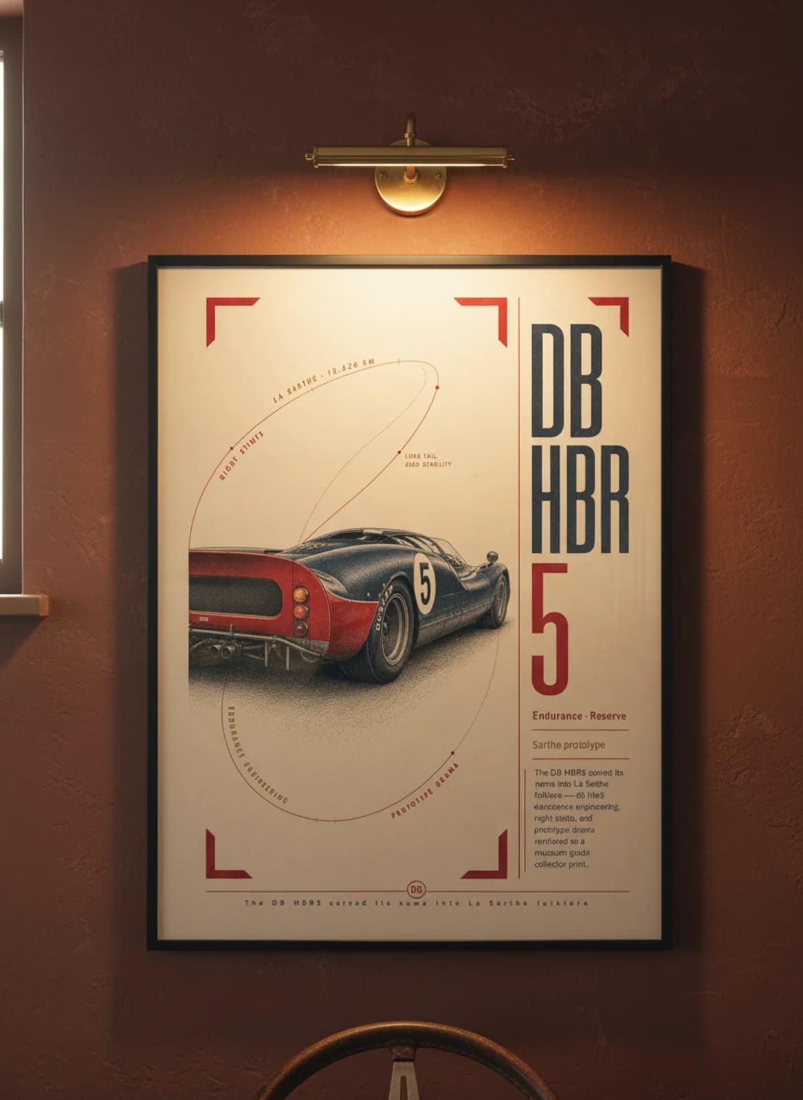 DB HBR5 Le Mans endurance print in black A2 frame on warm-cream-parchment oxblood wall — Le Mans mockup