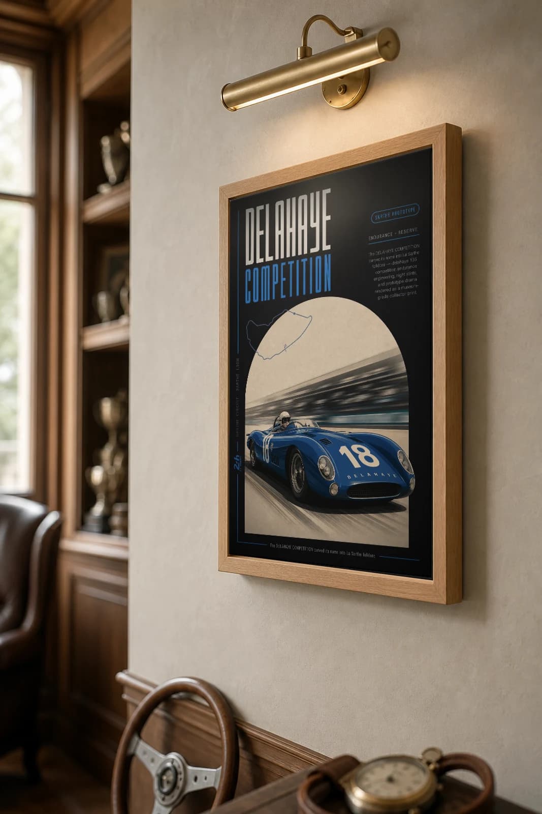Delahaye 135 Competition Poster — 1938 24 Hours of Le Mans Endurance Racing Wall Art · framed A2 — the framed print shown at a three-quarter angle on a styled gallery wall in a natural-oak frame
