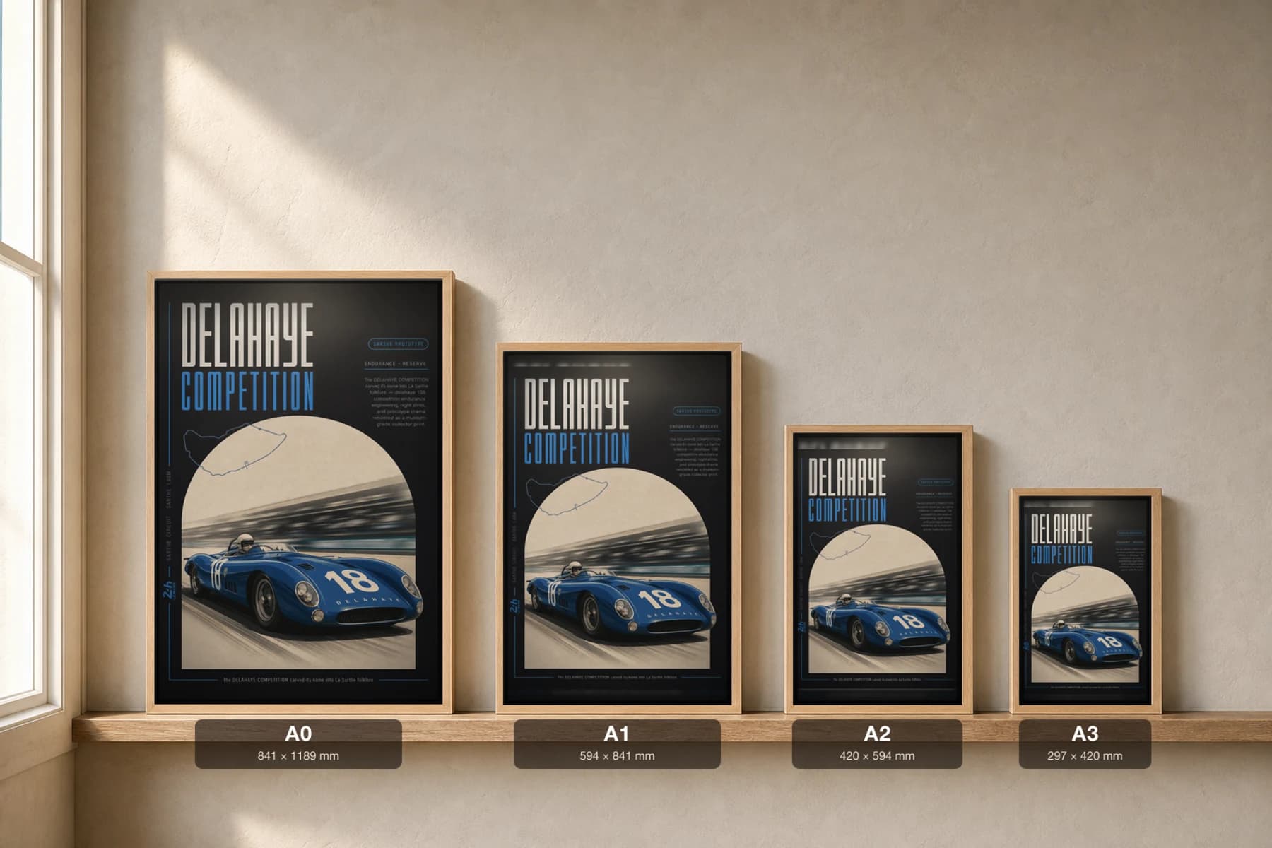 Delahaye 135 Competition Poster — 1938 24 Hours of Le Mans Endurance Racing Wall Art · framed A2 — print size guide showing the artwork at A0, A1, A2 and A3 in natural-oak frames at true relative scale