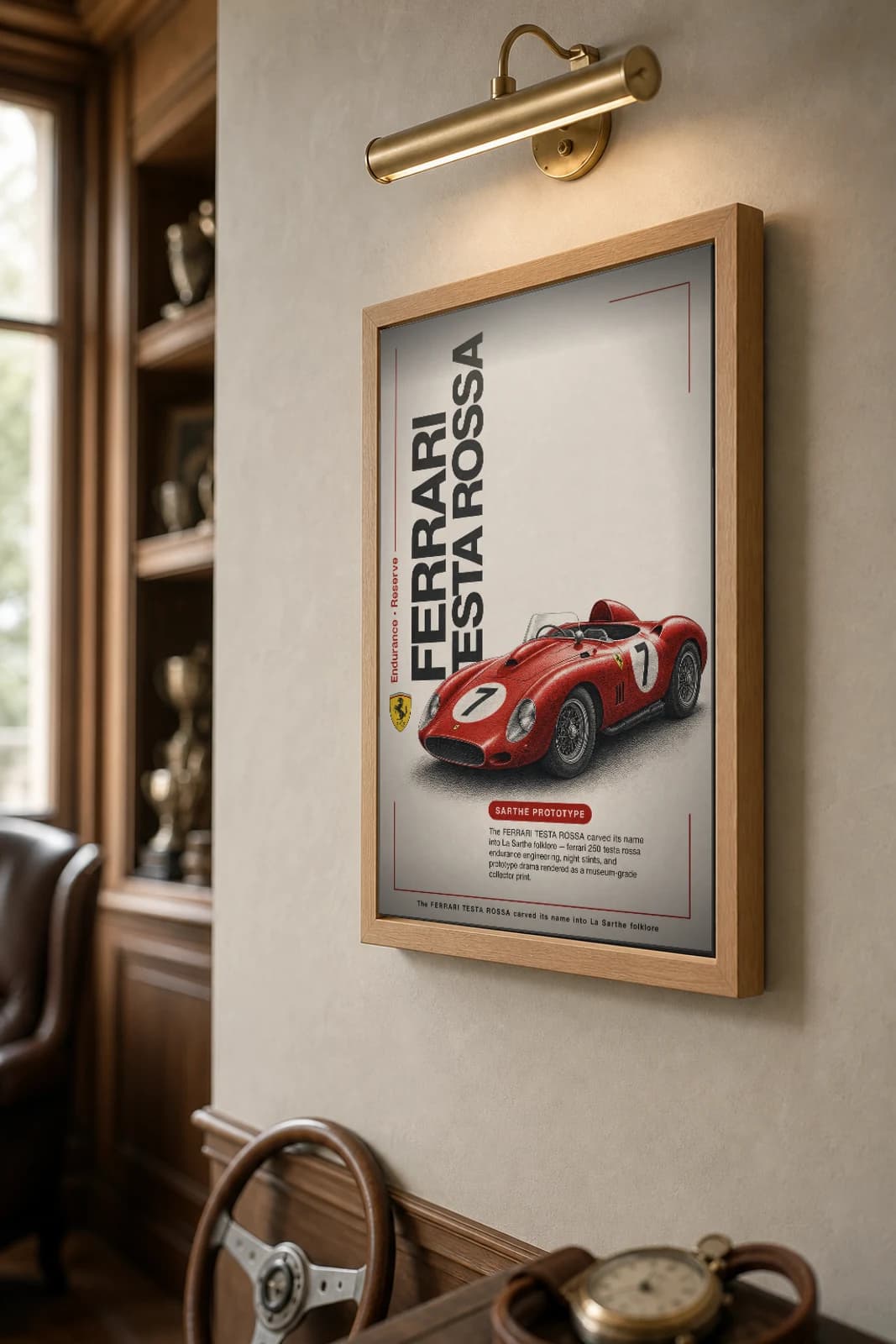 Ferrari 250 Testa Rossa Poster — 1958 24 Hours of Le Mans Endurance Racing Wall Art · framed A2 — the framed print shown at a three-quarter angle on a styled gallery wall in a natural-oak frame