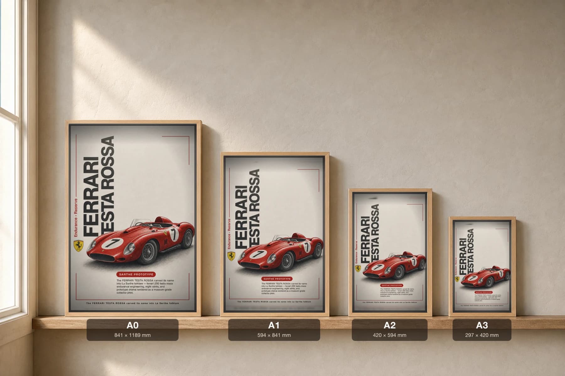 Ferrari 250 Testa Rossa Poster — 1958 24 Hours of Le Mans Endurance Racing Wall Art · framed A2 — print size guide showing the artwork at A0, A1, A2 and A3 in natural-oak frames at true relative scale