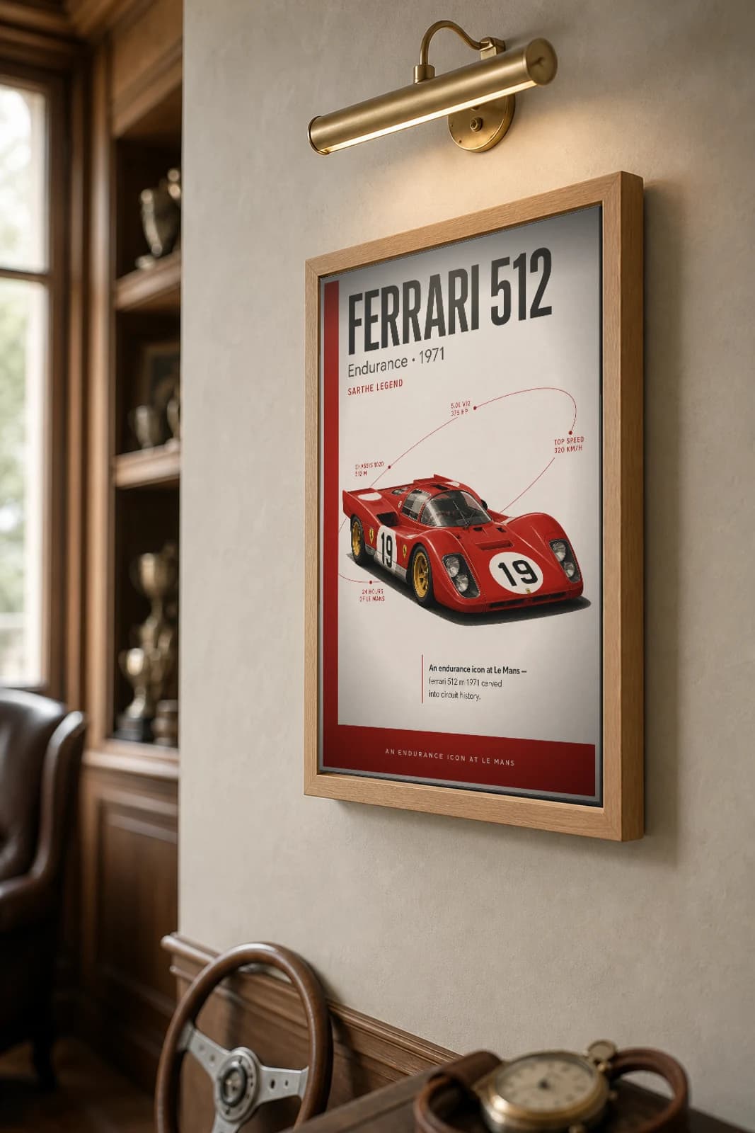 Ferrari 512 M Poster — 1971 24 Hours of Le Mans Endurance Racing Wall Art · framed A2 — the framed print shown at a three-quarter angle on a styled gallery wall in a natural-oak frame