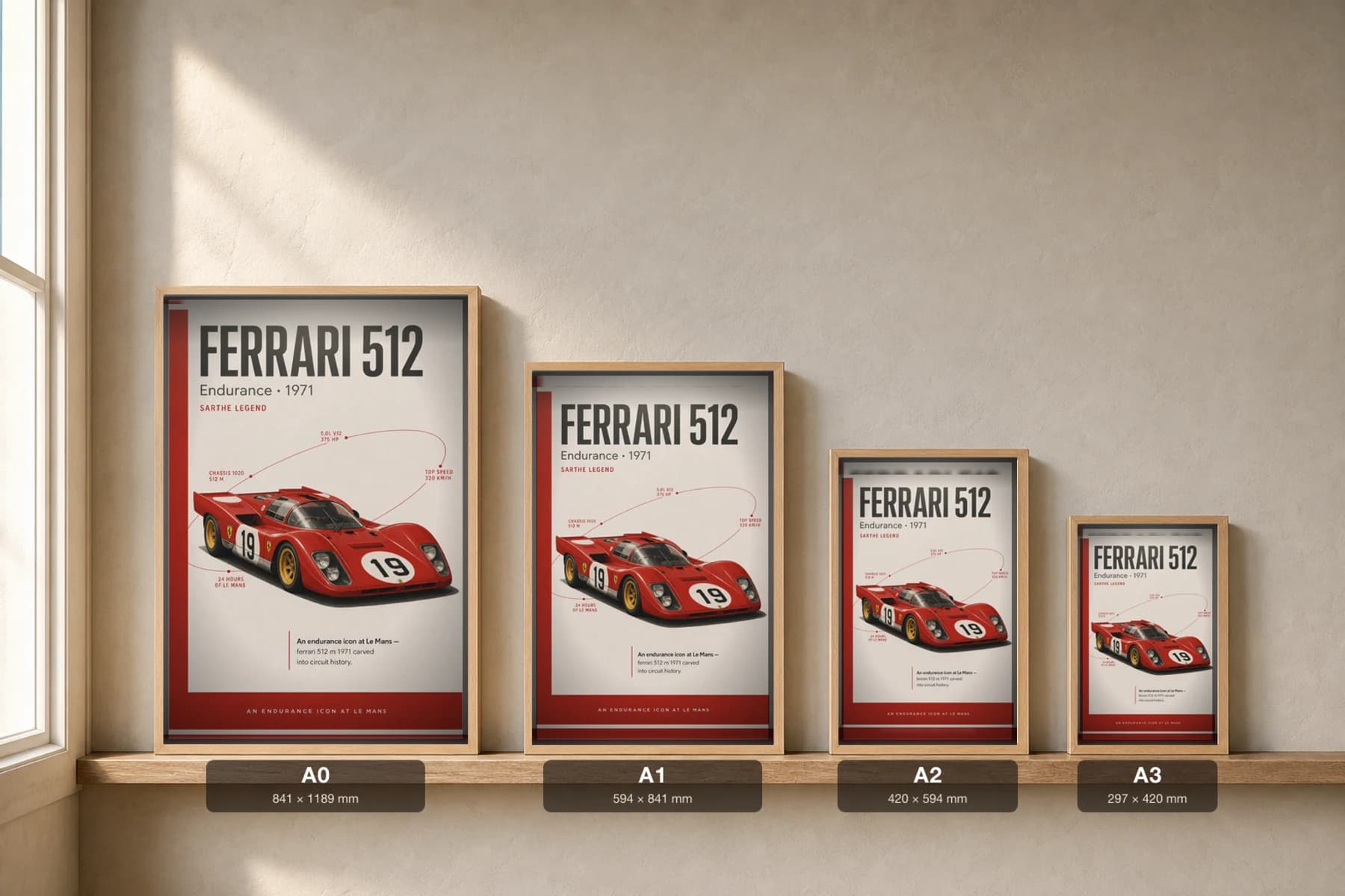 Ferrari 512 M Poster — 1971 24 Hours of Le Mans Endurance Racing Wall Art · framed A2 — print size guide showing the artwork at A0, A1, A2 and A3 in natural-oak frames at true relative scale