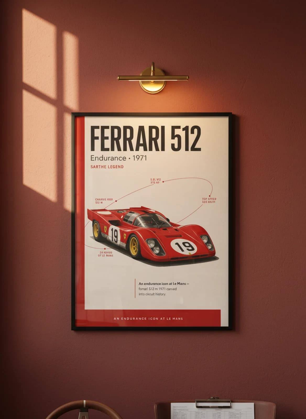 Ferrari 512 M Le Mans endurance print in black A2 frame on warm-cream-parchment oxblood wall — Le Mans mockup