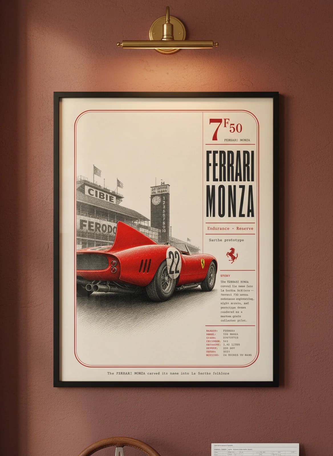 Ferrari 750 Monza Le Mans endurance print in black A2 frame on warm-cream-parchment oxblood wall — Le Mans mockup