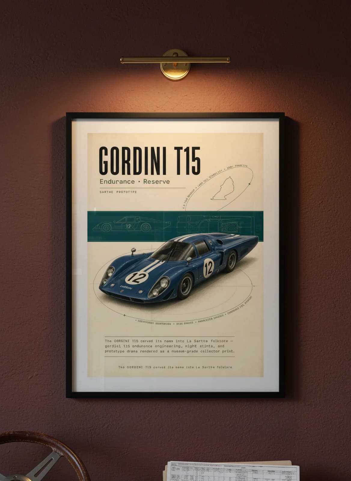 Gordini T15 Le Mans endurance print in black A2 frame on warm-cream-parchment oxblood wall — Le Mans mockup