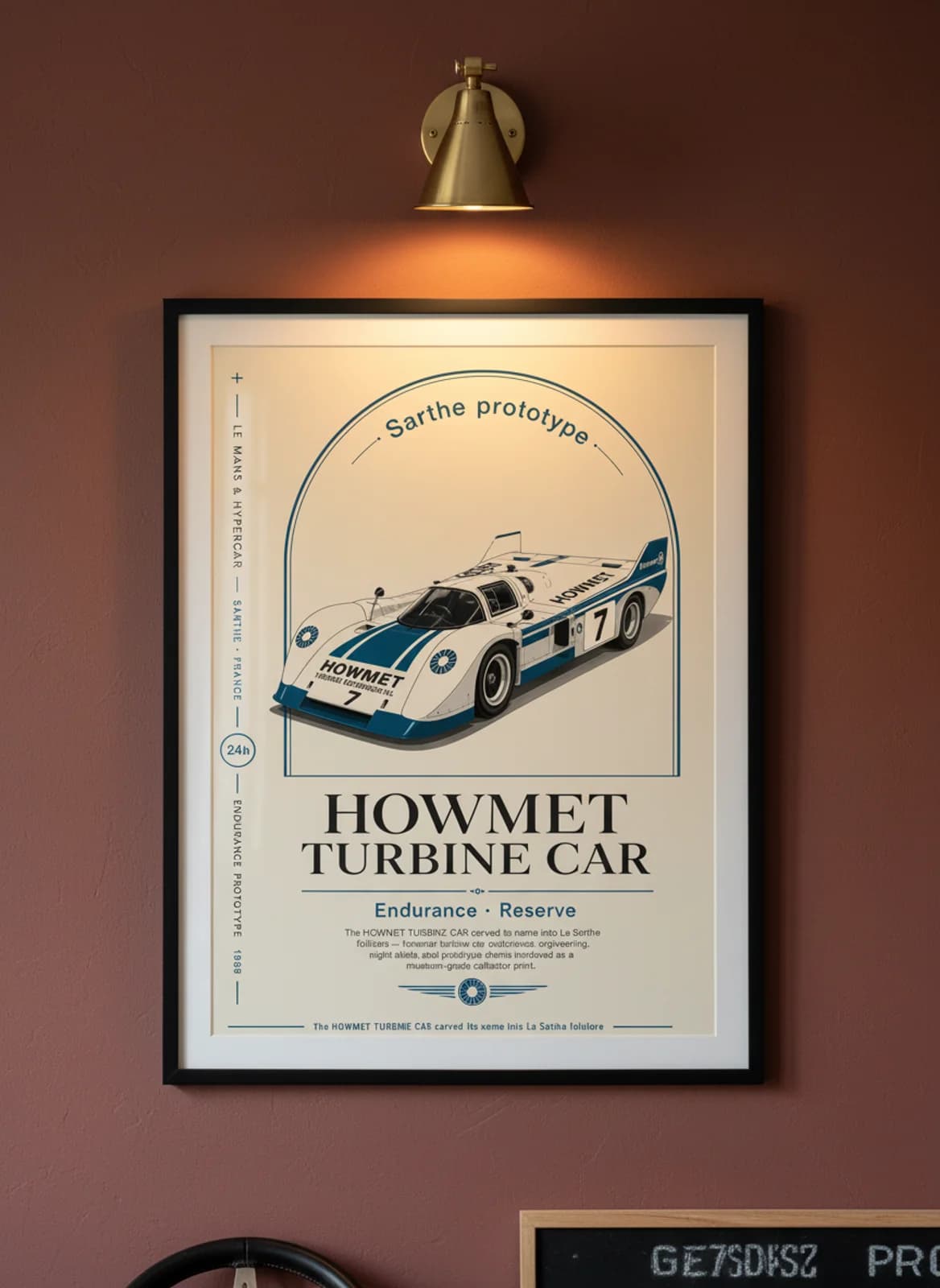 Howmet TX Turbine Le Mans endurance print in black A2 frame on warm-cream-parchment oxblood wall — Le Mans mockup